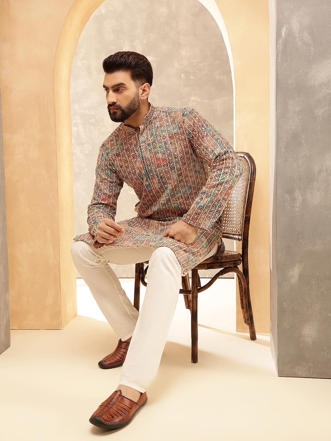 Sojanya (Since 1958 Men's Cotton Silk Gold Thread Floral Embroidered Kurta With White Pyjama