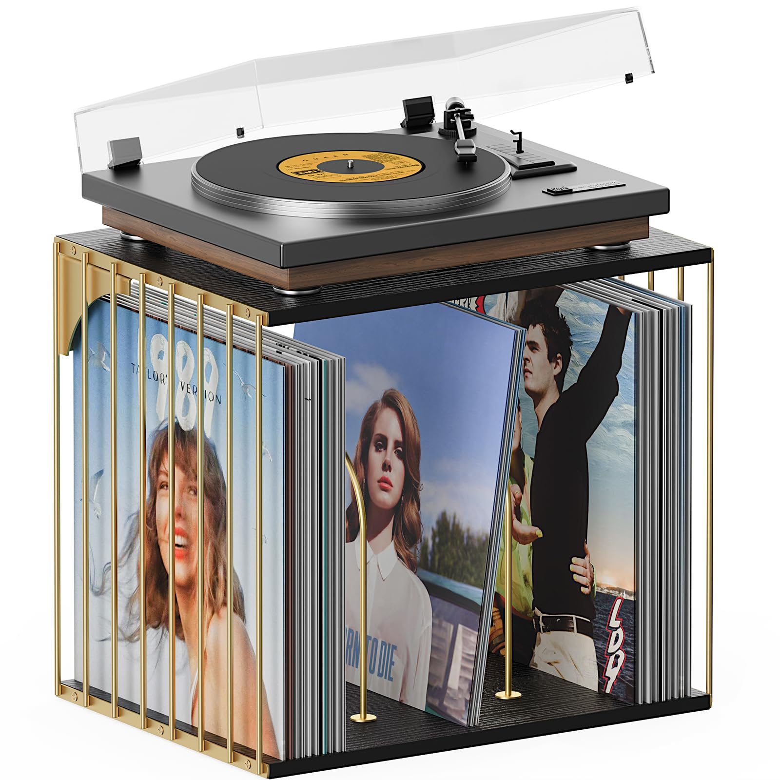 kroucoco Supporto per dischi in vinile da parete, a 3 scomparti, in metallo e legno, per album, file, CD, riviste, può contenere fino a 80 dischi (oro e nero)
