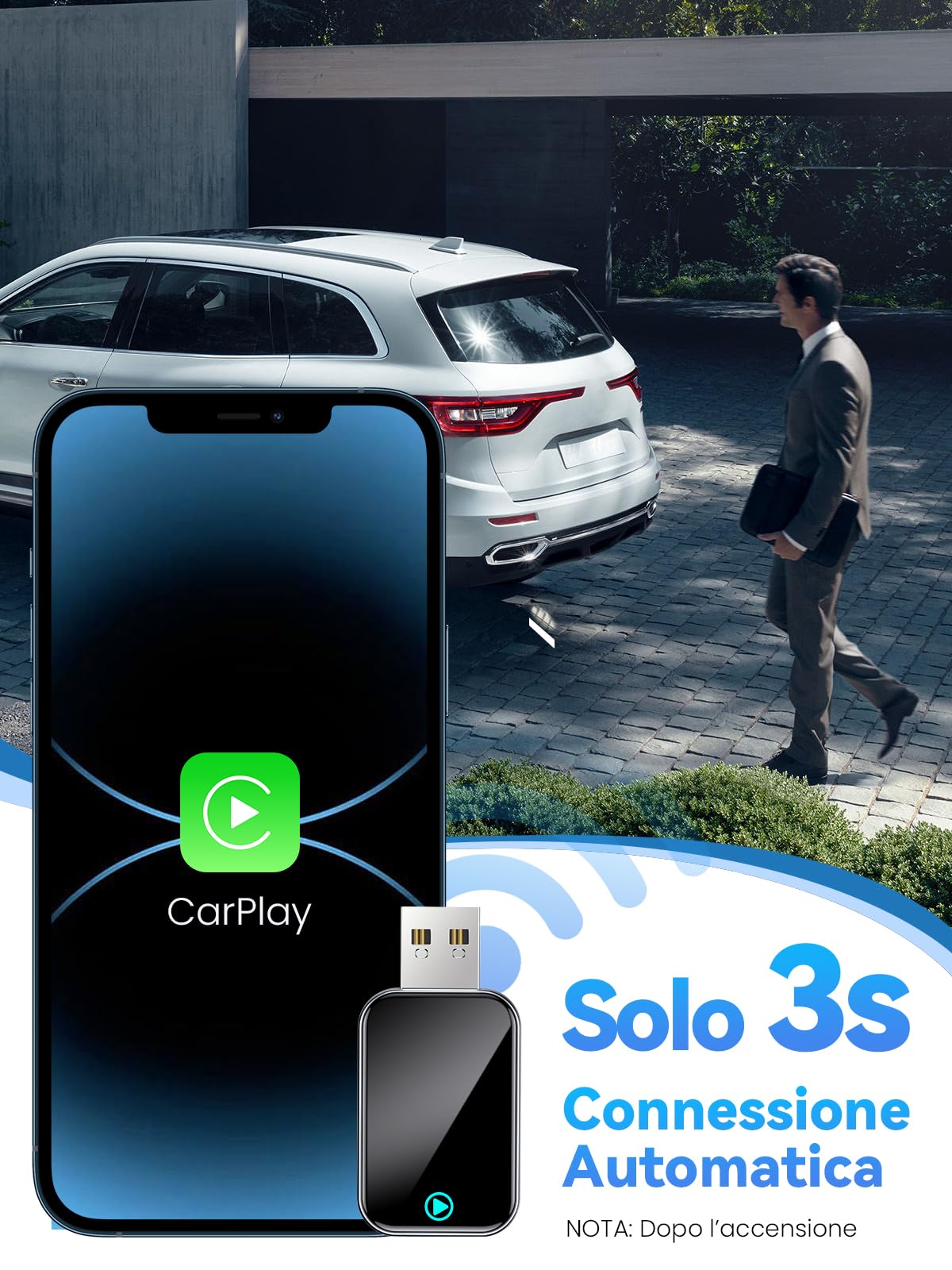 S2 Mini Adattatore CarPlay Wireless per iPhone, Converte Cablato in Wireless, USB e Type-C Plug and Play, Compatibile Auto con CarPlay Cablato dal 2016, iPhone iOS 10+