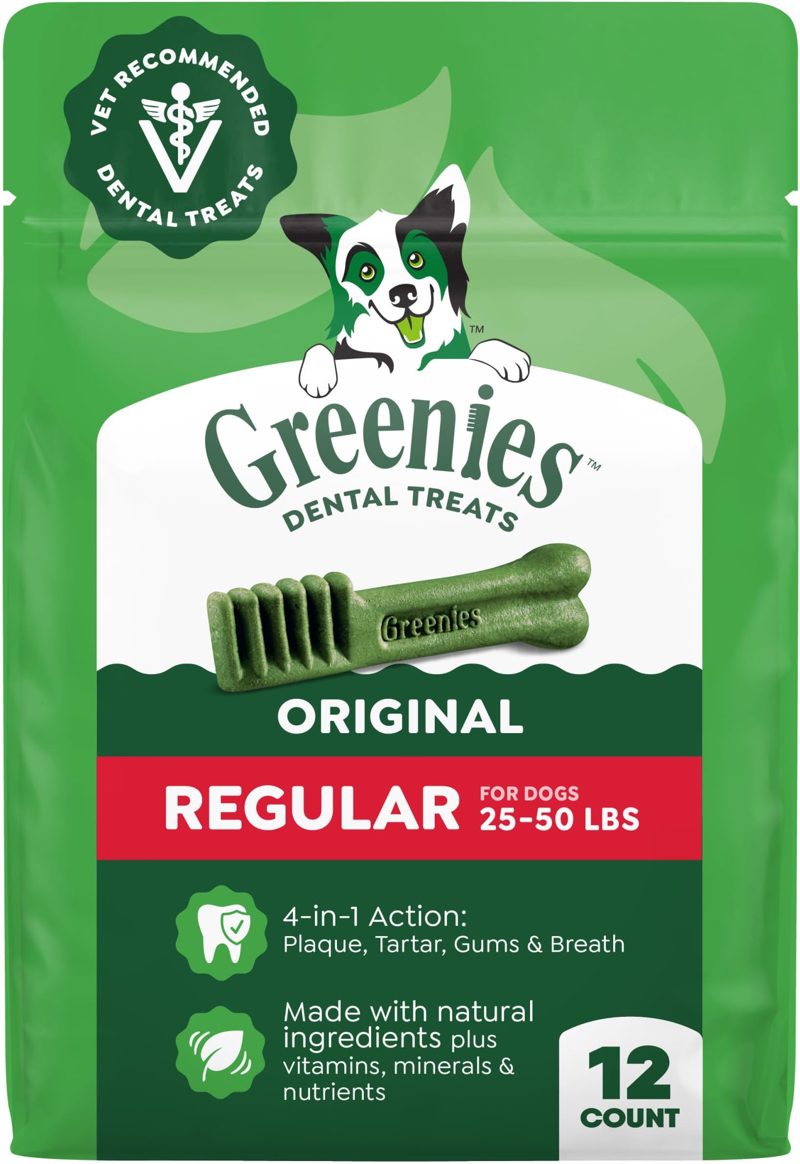 Veterinarian-Recommended Adult Natural Dental Dog Treats Regular Size, Dog Dental Chews, Original Flavor, 12 oz. Pack, 12 Count