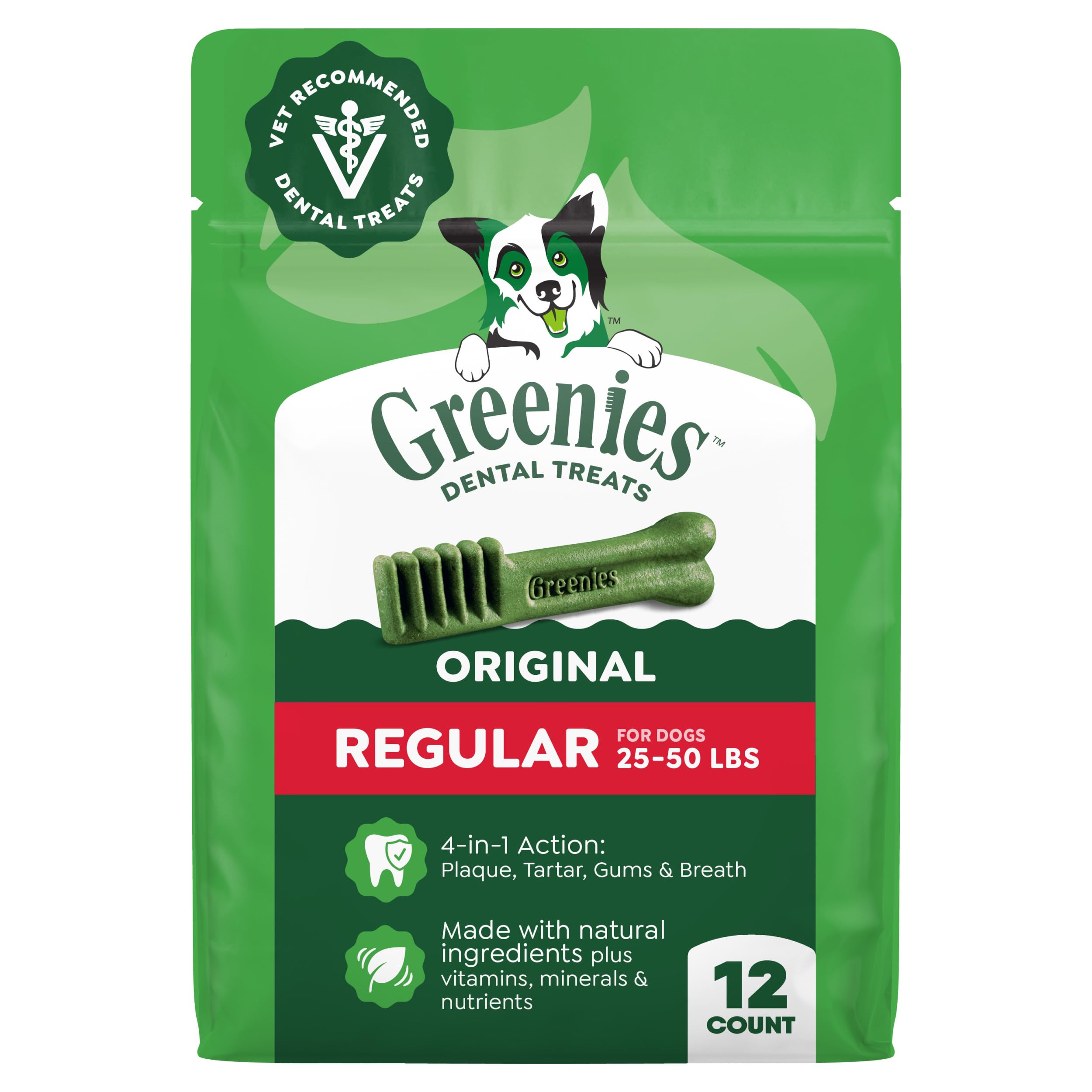 Greenies Veterinarian-Recommended Adult Natural Dental Dog Treats Regular Size, Dog Dental Chews, Original Flavor, 12 oz. Pack, 12 Count