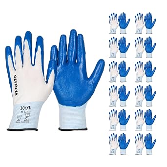 NORTHSKY Olympia 12 Pairs Work Gloves, Nitrile Dipped Knit Men Work Gloves, Durable, Comfortable, Close-Fitting, Perfect Grip, for Manufacturing, Assembly, Automotive, 13ga, White/Blue, XL