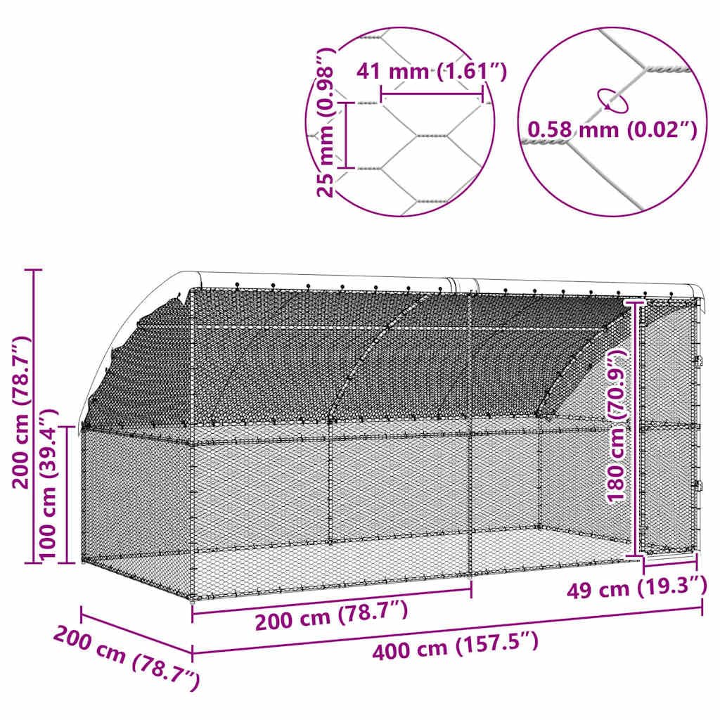 Klatka dla kurcząt, 2 sztuki, srebrna, 400 x 200 x 200 cm, stal ocynkowana, odporna na warunki atmosferyczne, z zamykanym systemem ryglowania, do użytku na zewnątrz, trwała wybieg z dachem