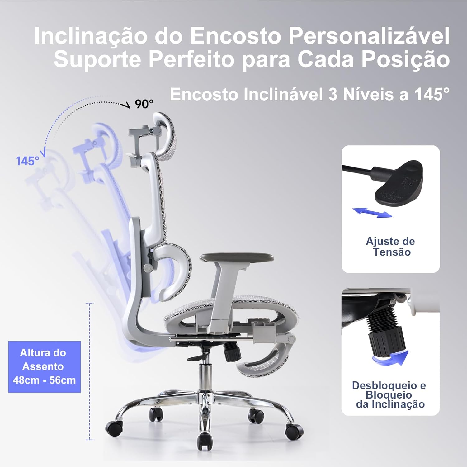 Cadeira de Escritório com Descanso para os Pés, Cadeira Ergonômica com Encosto de Cabeça 3D, Cadeira Gamer com Encosto Ajustável e Apoio de Braço 3D, Cadeira Presidente, Cadeira Mesh, Cinza