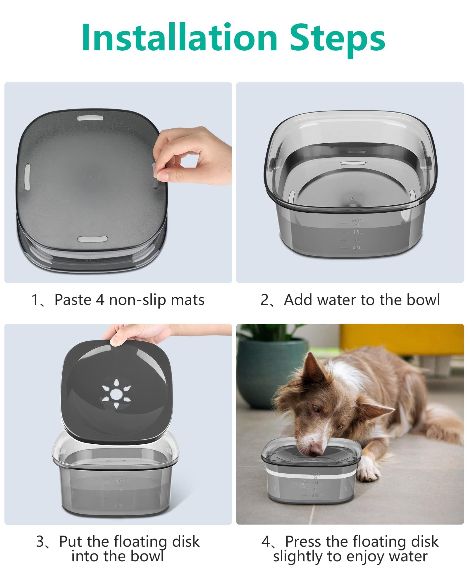 PETTOM Bebedero Perro Antigoteo 2L, Bebedero Antisalpicaduras Perro Grande y Pequeño, Cuenco de Agua Flotante para Perros Antideslizante