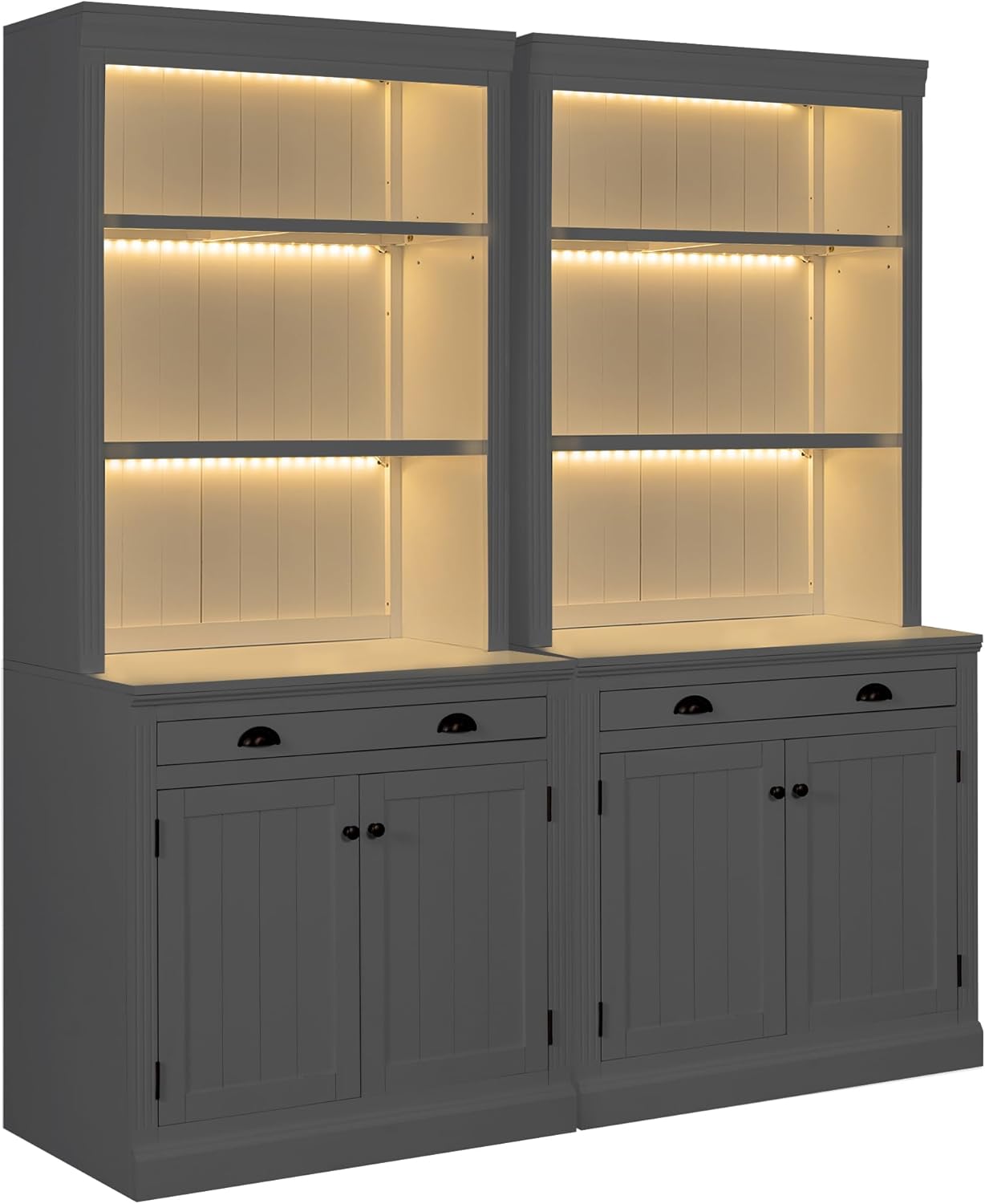 2PCS 83.4" Tall Bookcases and Bookshelves with Cabinets, LED Lighting, Solid Wood Modern Floor Standing White Bookcases with Storage, Doors, Drawers, Adjustable Shelves for Living Room and Office