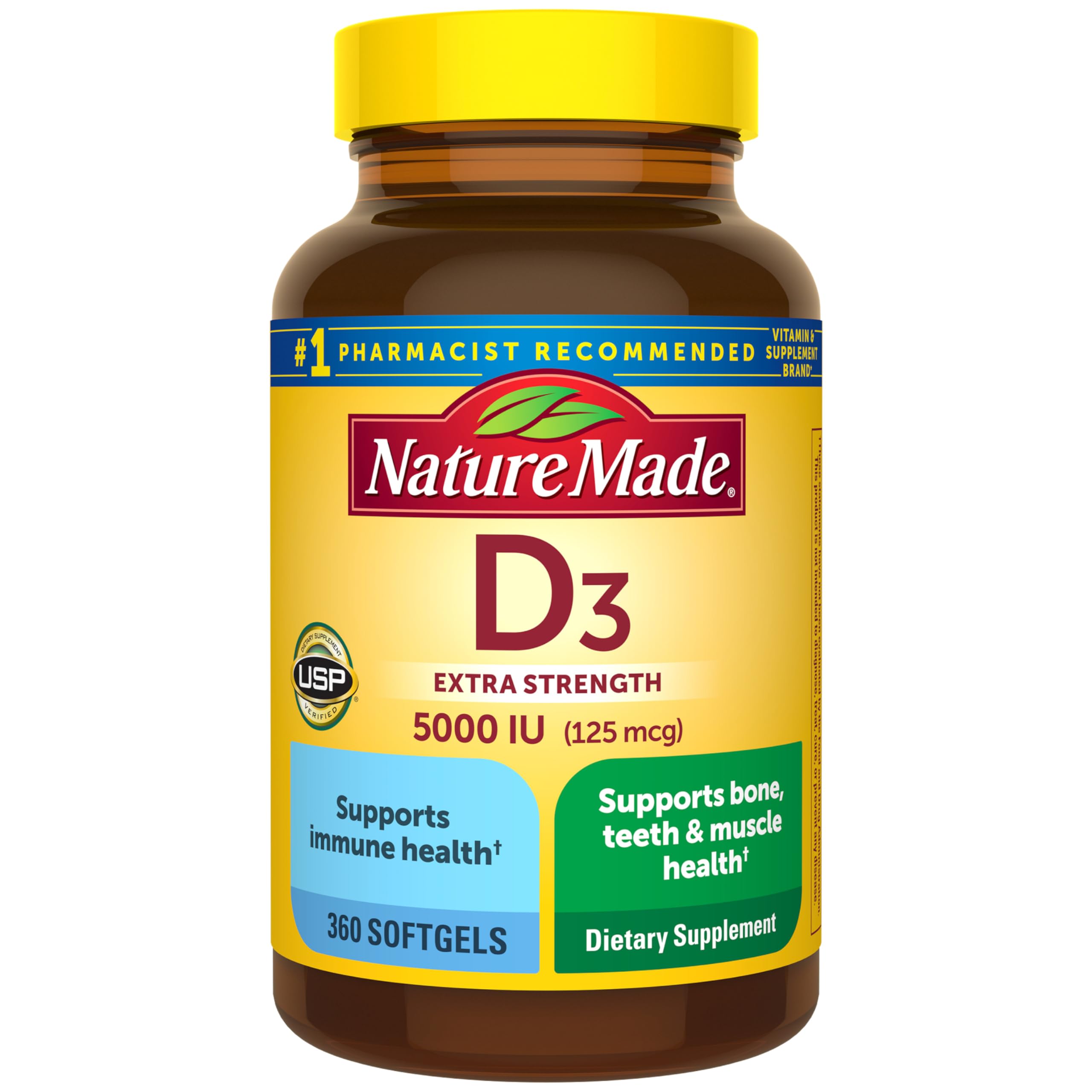 Extra Strength Vitamin D3 5000 IU (125 mcg), Dietary Supplement for Bone, Teeth, Muscle and Immune Health Support, 360 Softgels, 360 Day Supply