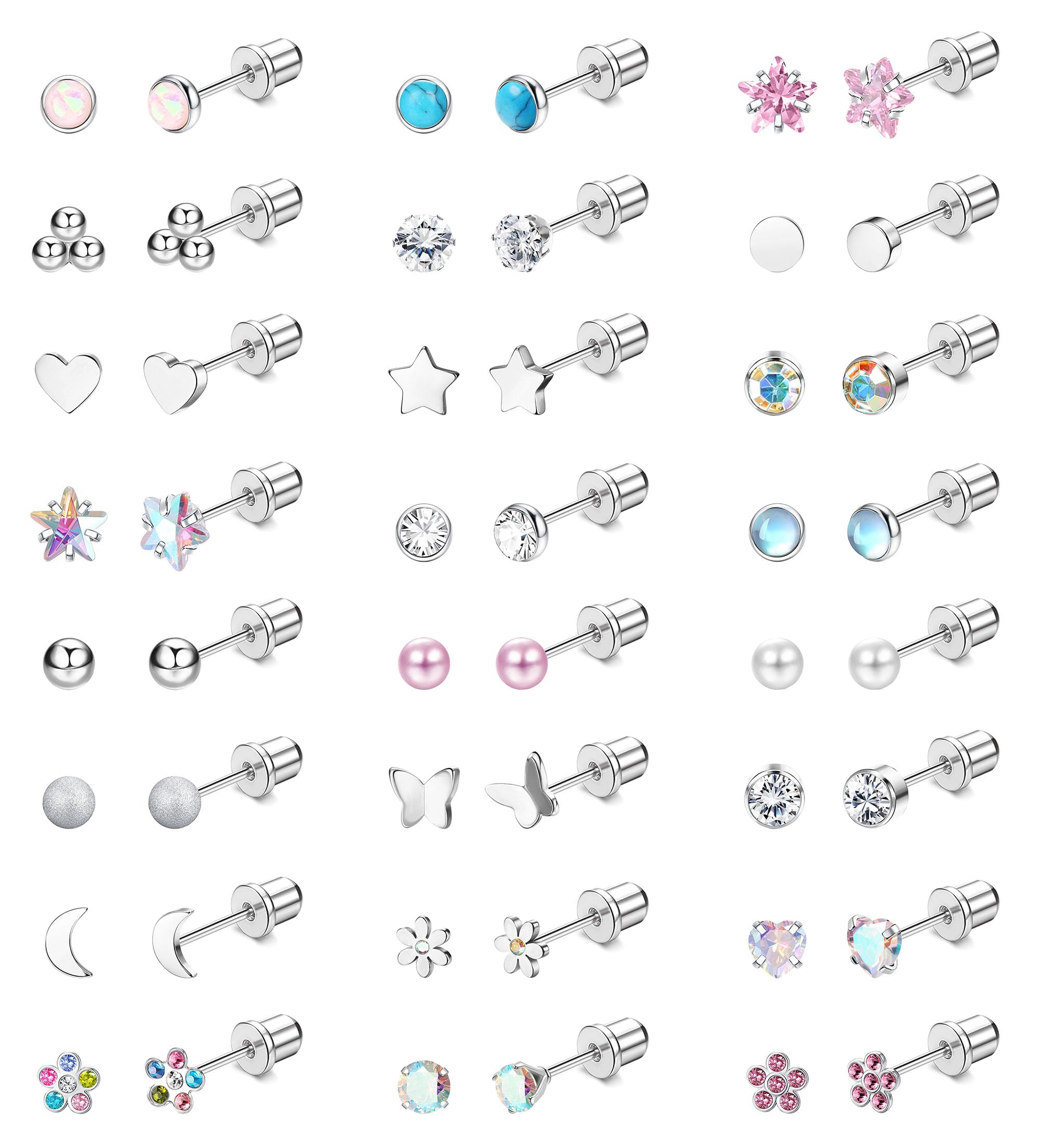 24Pairs Screw Back Earrings Stud for Girls Women Surgical Steel Hypoallergenic Cartilage Stud Earrings Tiny Opal CZ Screwback Flat Back Stud Earrings Set Piercing Jewelry Multicolored 20G
