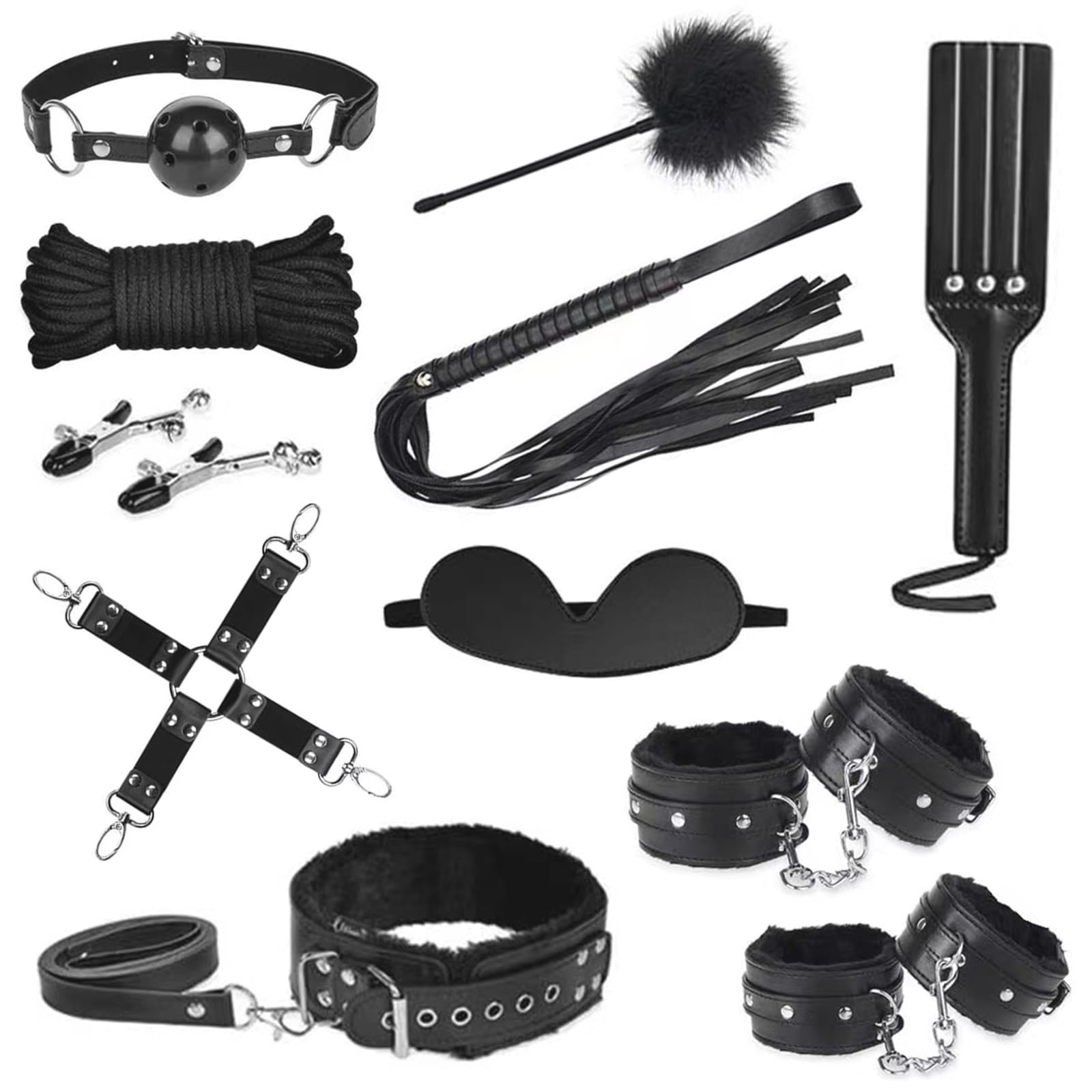 Menottes Lit Kit Toys Homme Femme Couple Set Accessoires 11 PCS Kits de Bondage,Cravache Menottes Sexy érotique Pinces pour Mamelon Cordes Baillon Collier (Noir-11)