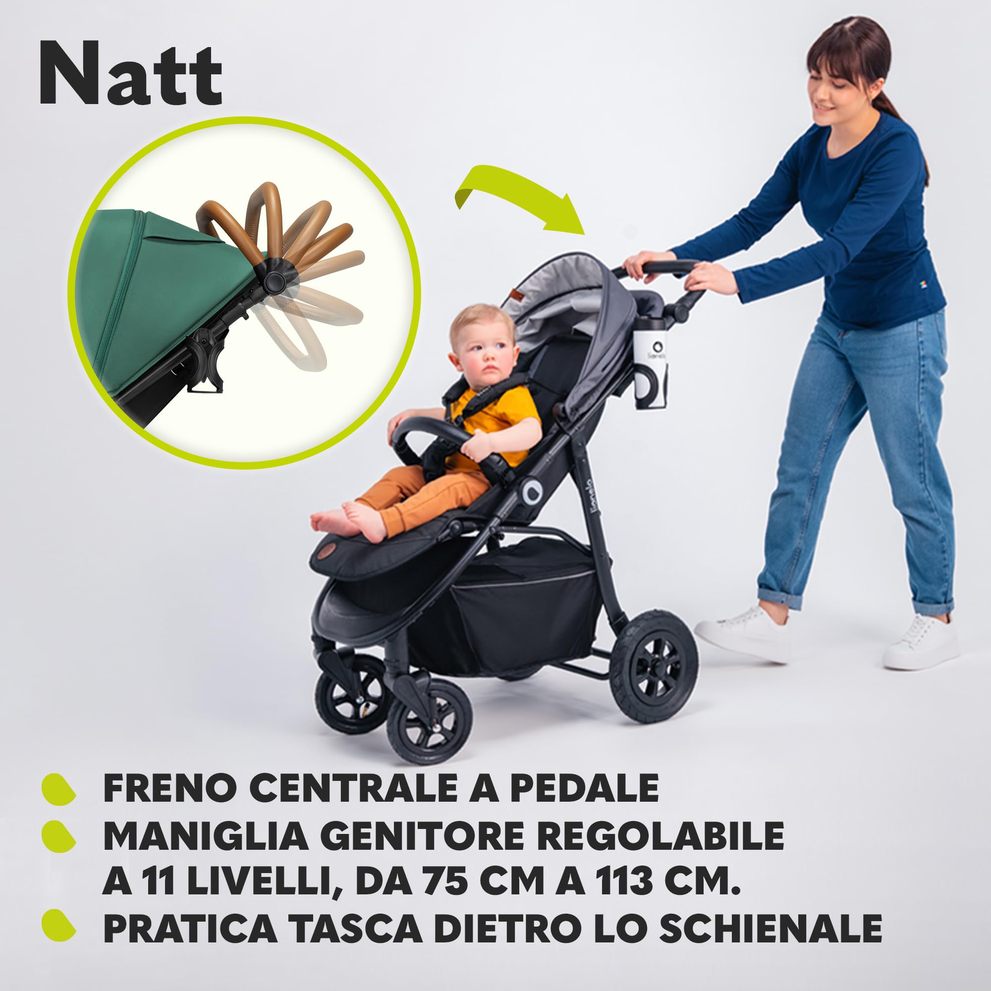 LIONELO Natt Passeggino Compatto Pieghevole per Bambini Da 0 fino a 22 kg | Dalla Nascita, Schienale Reclinabile, Poggiapiedi Regolabile, Cinture a 5 Punti, Grandi Ruote, Sospensioni, Cappottina XXL