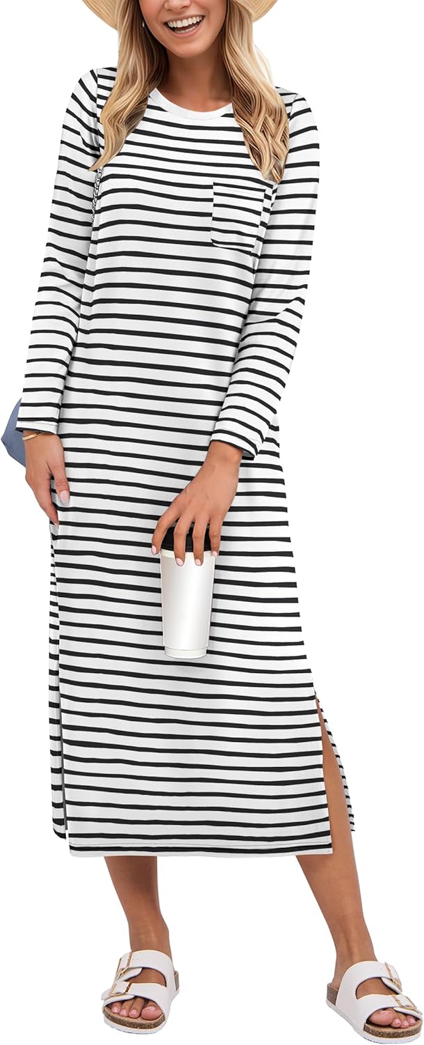 ANRABESS Womens Striped Slit Midi T Shirt Dresses Casual