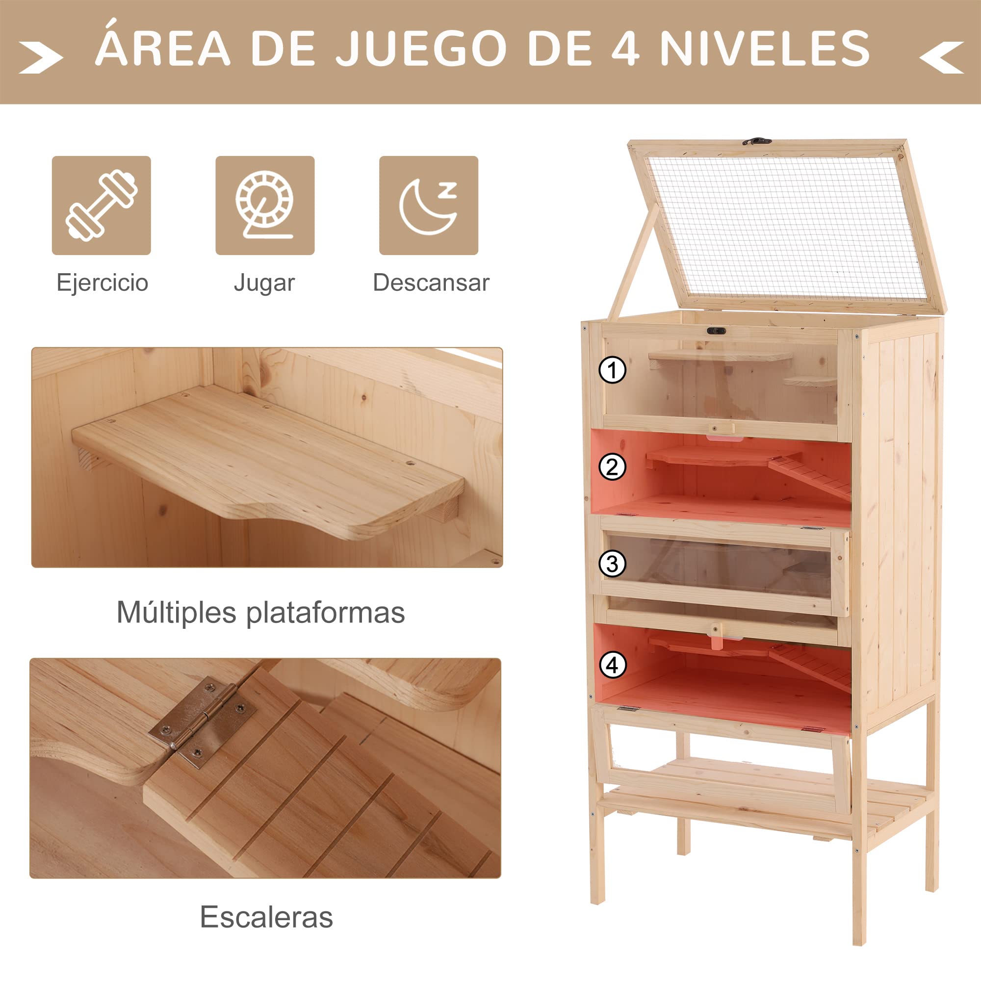 PawHut Jaula de Madera Tipo Casa Conejera para Hámster Ratones Animales Pequeños y Roedores con 5 Pisos 10 Plataformas y 3 Escaleras 60x40x120cm