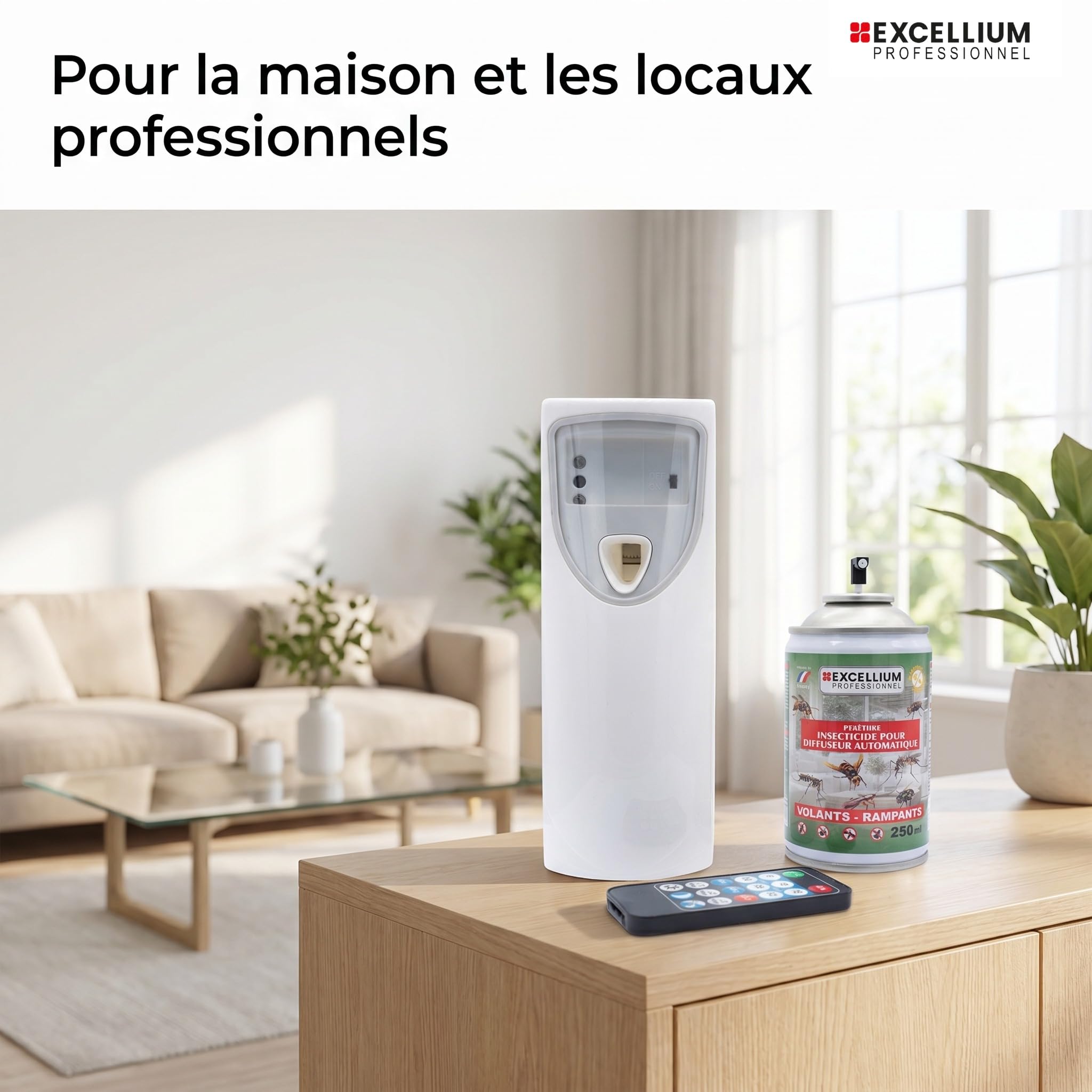 EXCELLIUM PROFESSIONNEL Kit Diffuseur Automatique Insecticide 250 ml | Programmable, télécommande incluse, pyrèthre, volants et rampants, jusqu'à 2500 pulvérisations, environ 3 mois, 30 m²