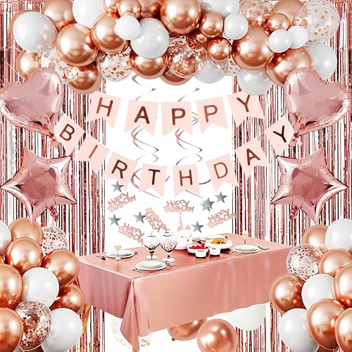 RUBFAC Decoraciones de cumpleaños de oro rosa, pancarta de feliz cumpleaños, cortina de flecos, globos metálicos de confeti de oro rosa, globos de