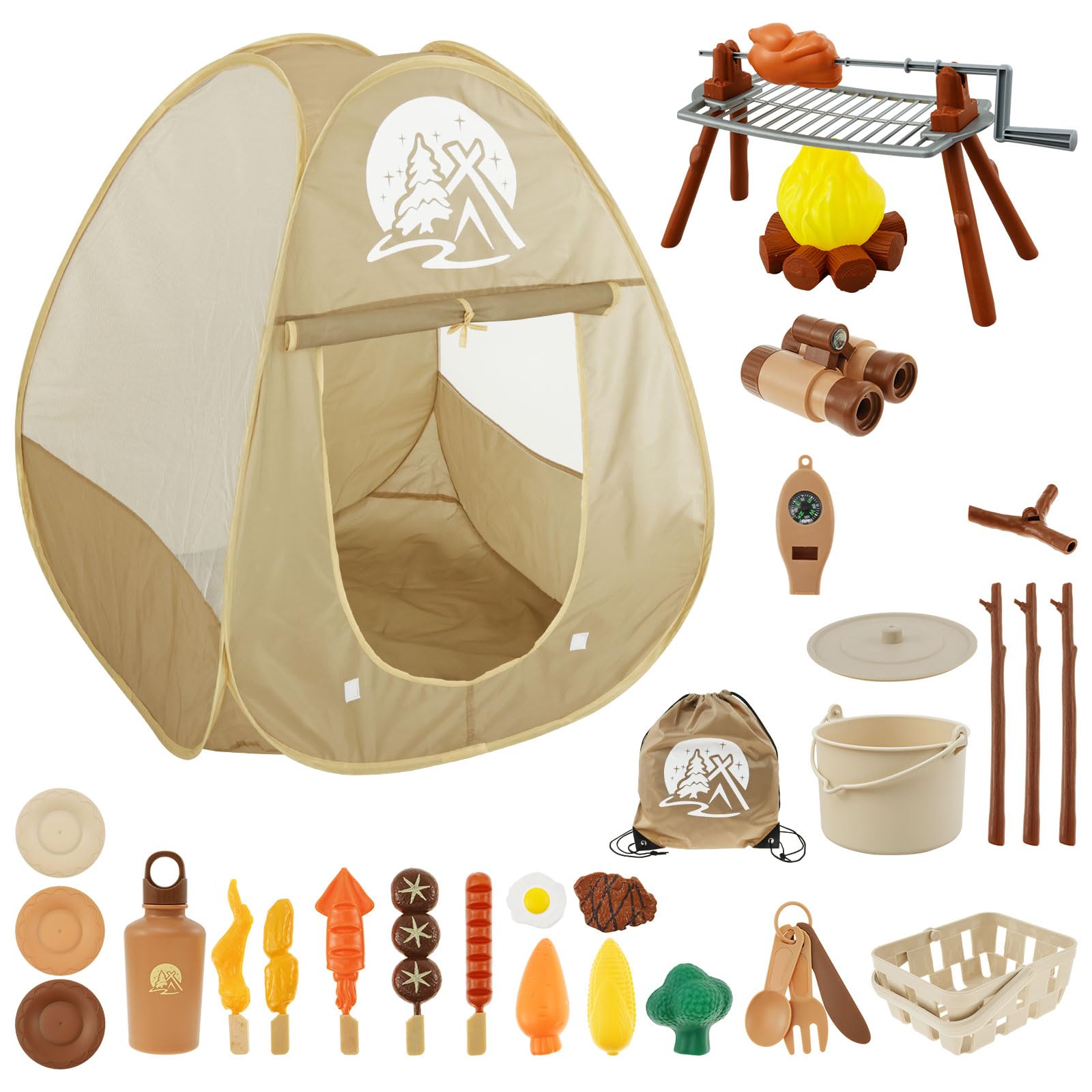 Kids Camping Set with Tent,30Pcs Kids Set,Portable Pop Up Play Tent Kit Cooking Utensils and Play Food Camping Gear Kit Funny Kid Pretend Campings Tool for Boys Girls