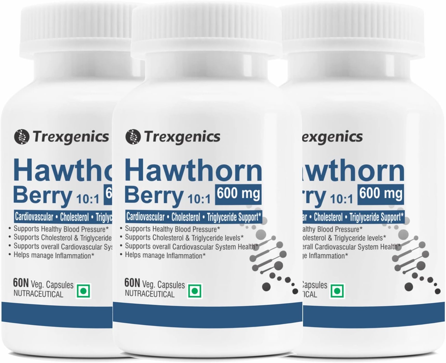 Trexgenics HAWTHORN BERRY 600 mg Cardiovascular, Cholesterol, triglycerides, Blood Pressure Support VEGAN & NON-GMO (60 Veg. Capsules) (Pack of 3)
