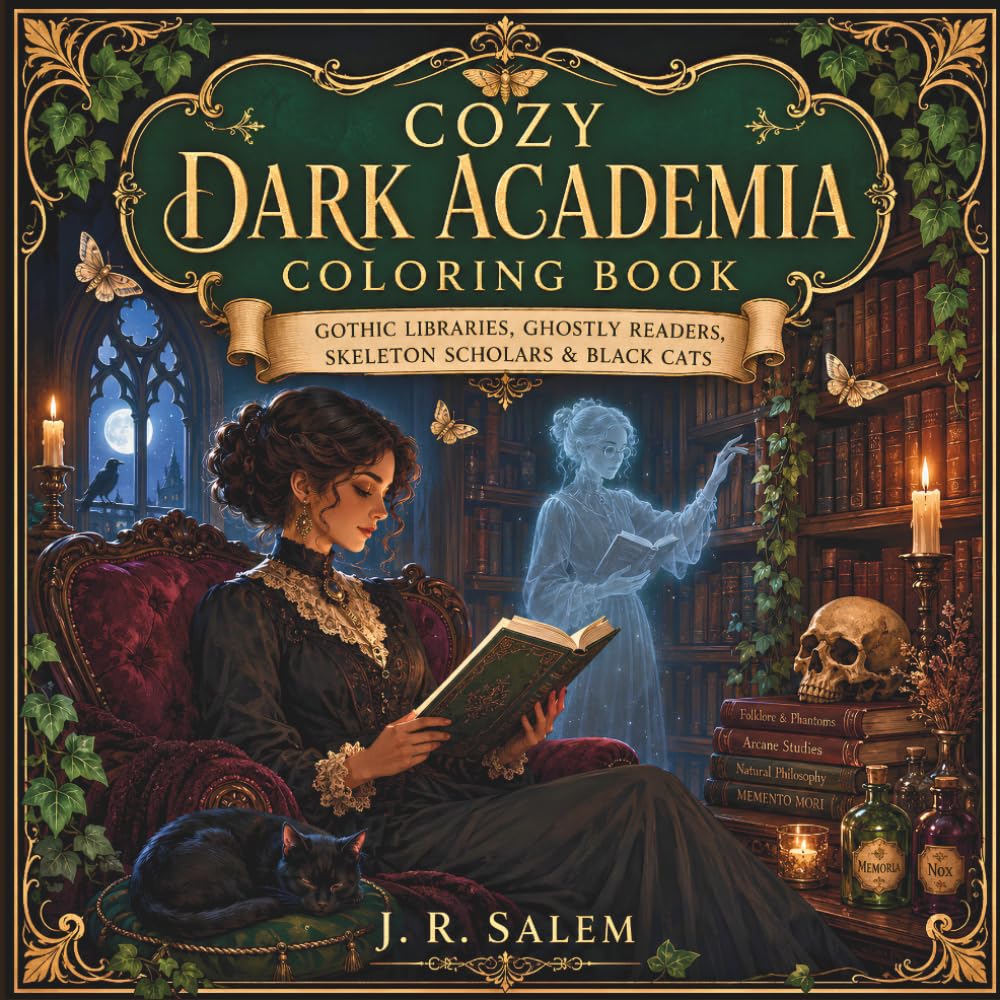 Cozy Dark Academia Coloring Book: Gothic Libraries, Ghostly Readers, Skeleton Scholars & Black Cats
