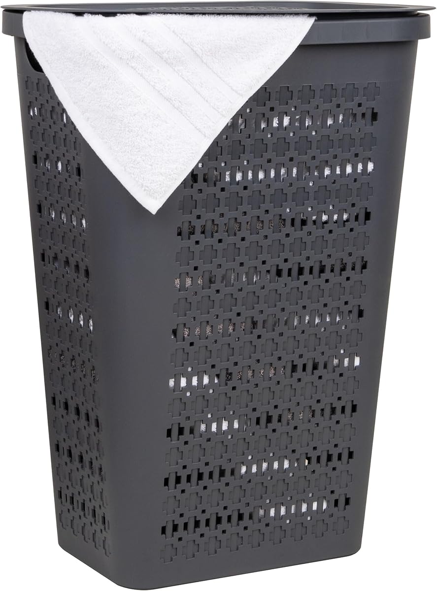 Mind Reader Slim Tapered Laundry Hamper with Lid, Clothes Basket with Swiss Cross Cut-Outs, Lightweight & Ventilated, Plastic, 16.75"L x 12.75"W x 23"H, Gray