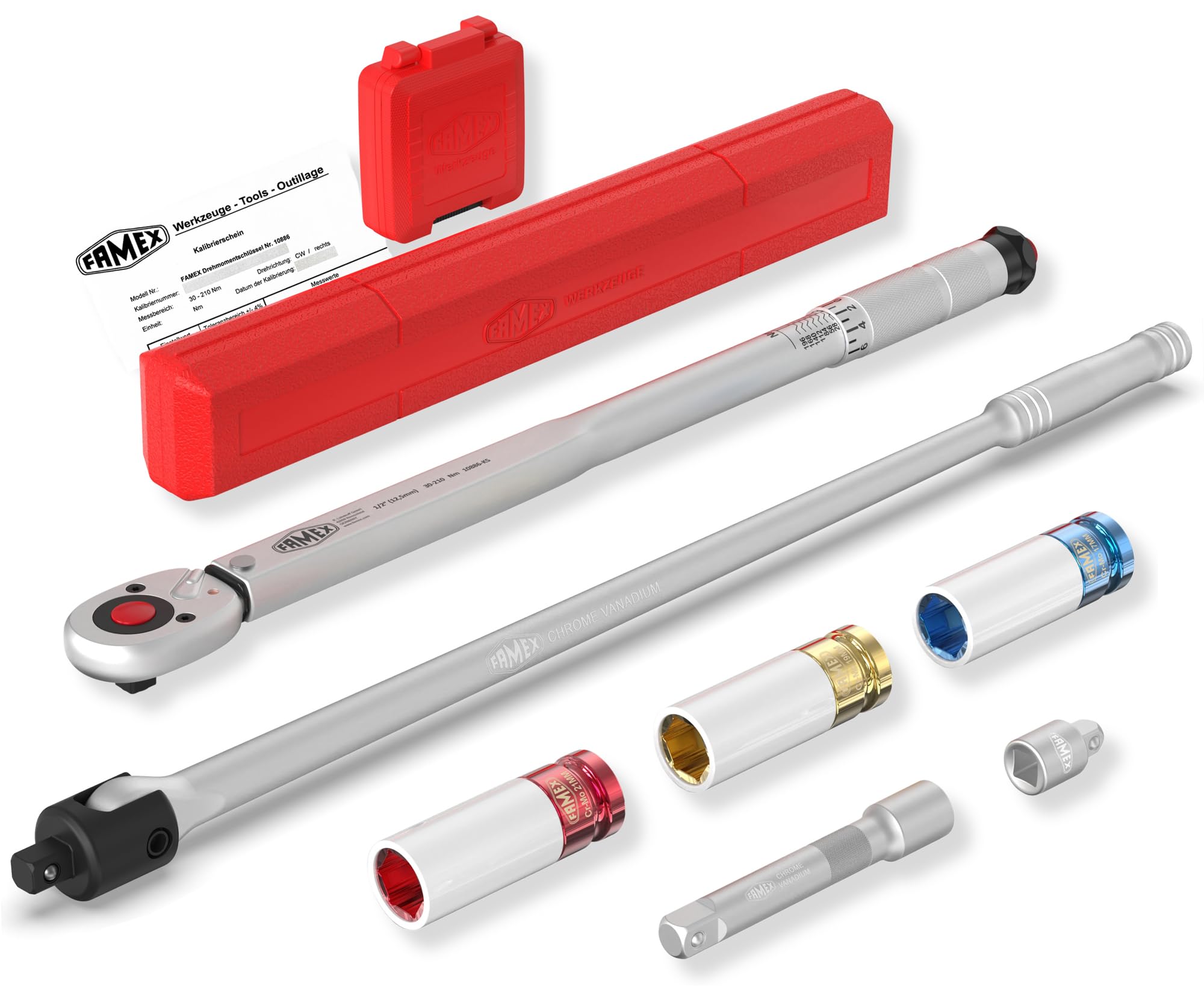 FAMEX 10905 klucz dynamometryczny do wymiany opon samochodowych, zestaw do wymiany kół 1/2 cala (12,5 mm) - 30-210 Nm - zestaw ekonomiczny ze specjalnymi wkładkami do śrub do kół - zestaw do wymiany kół z przegubem obrotowym