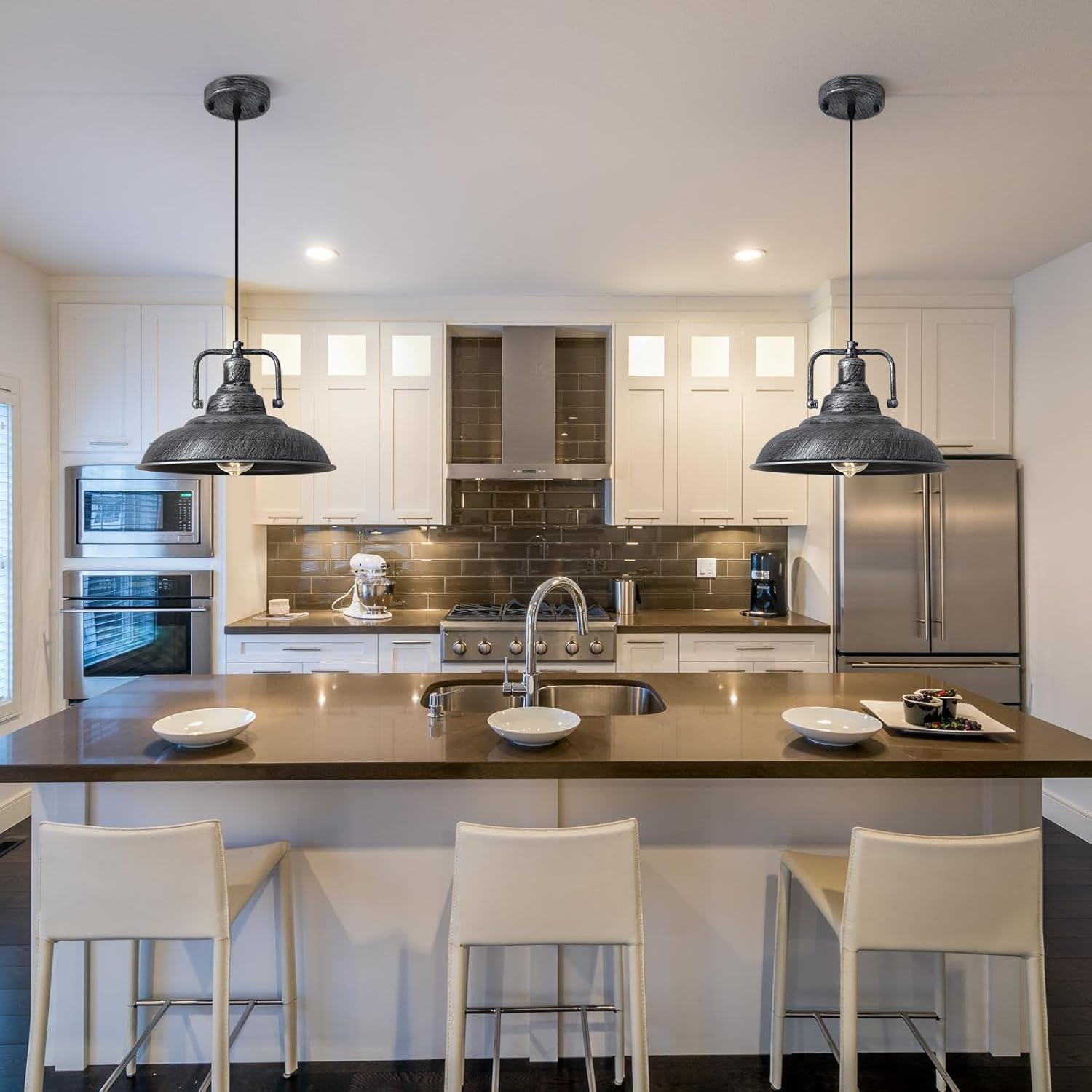 Black and Silver Pendant Light 12 Inch, Farmhouse Pendant Lights Kitchen Island Adjustable Height Industrial Pendant Light for Dining Room Cafe Bar, 2 Pack