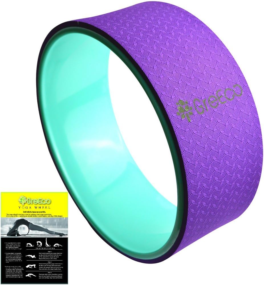 GreEco Yoga Wheel Pilates Roller- Extra Strength Prop in Yoga Backbends & Poses, Back Opener, Relieve Back Aches, 13" x 5", Purple/Green