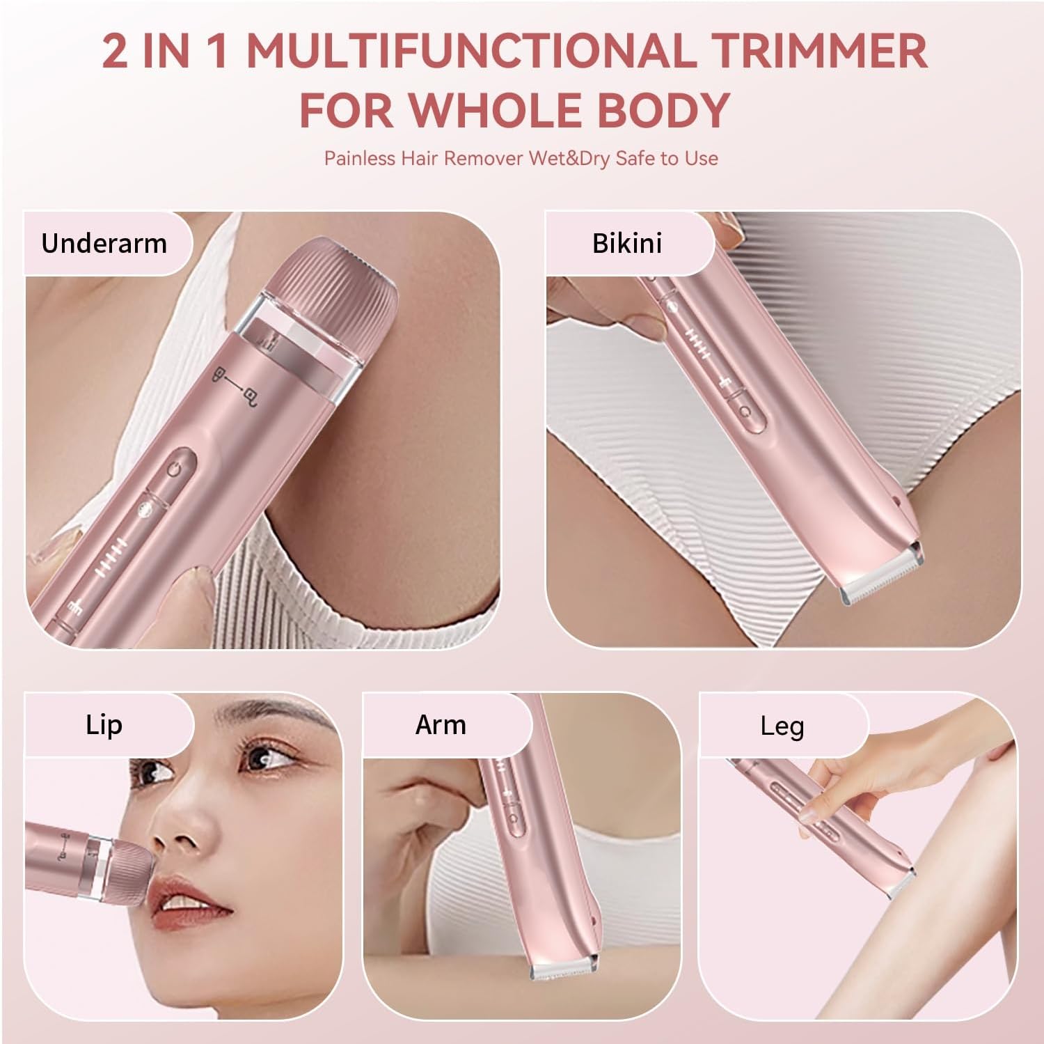 2 in 1 Women Electric Shaver Dual Head Bikini Trimmer for Women IPX7 Waterproof Wet & Dry Use Body Hair Trimmer Replaceable Hair Remover for Bikini Underarm Leg Arm Body Face, Pink