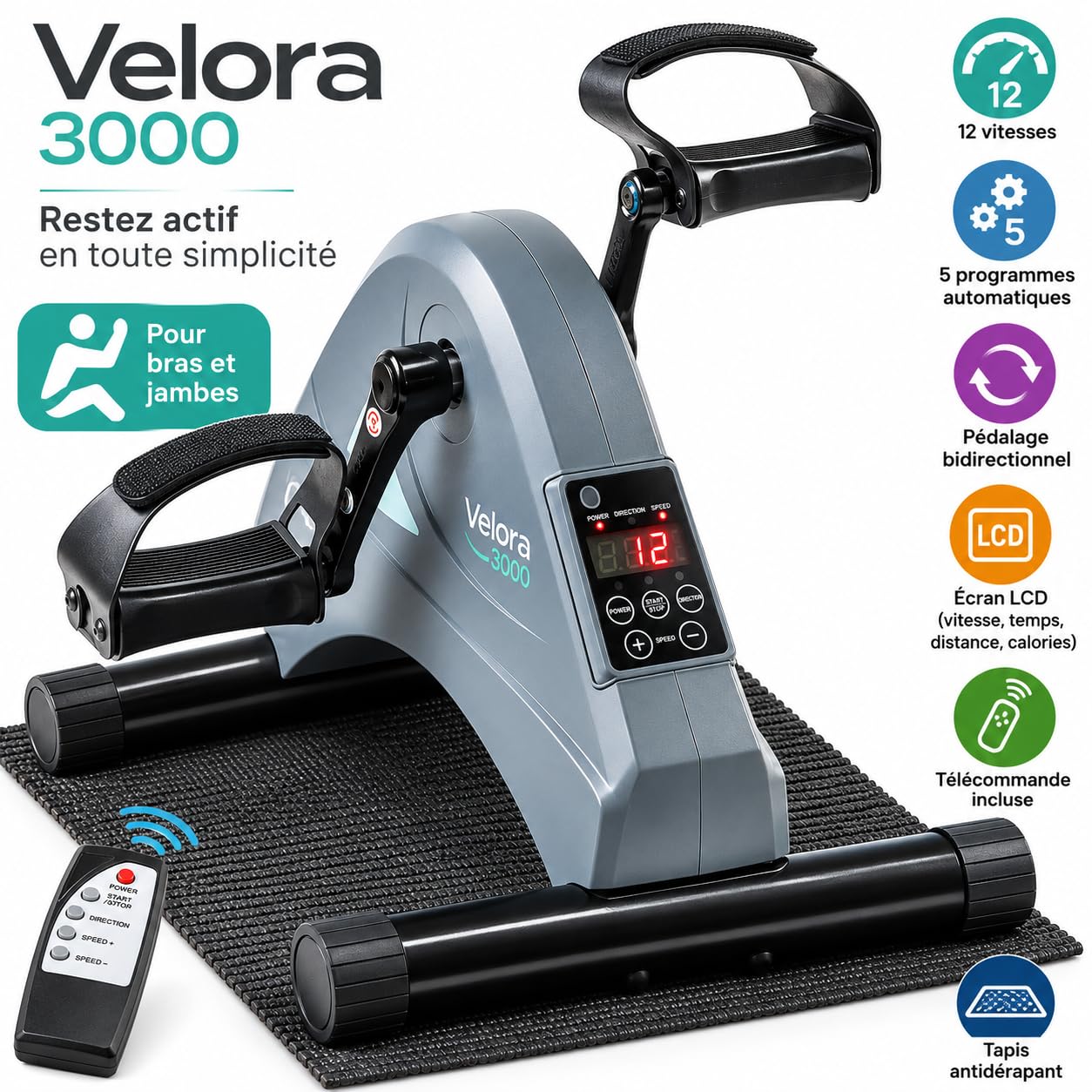 Mini Pedalier Eléctrico Motorizado para Piernas y Brazos, Dispositivo de Ejercicio Sentado con 12 Niveles de Velocidad, 5 Programas, Control Remoto Pantalla LCD, Alfombra Antideslizante, Rotación