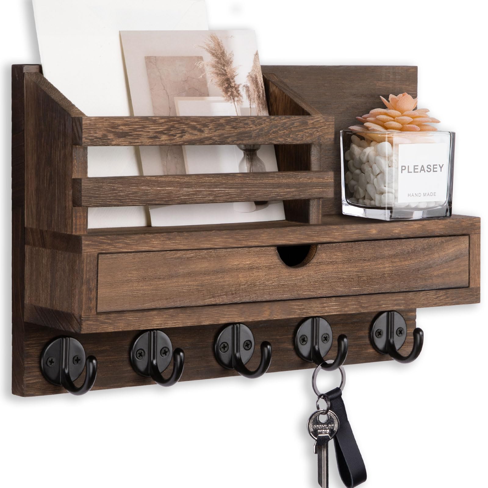 Support mural pour clés et courriers avec 5 crochets noirs et boîte de rangement beige
