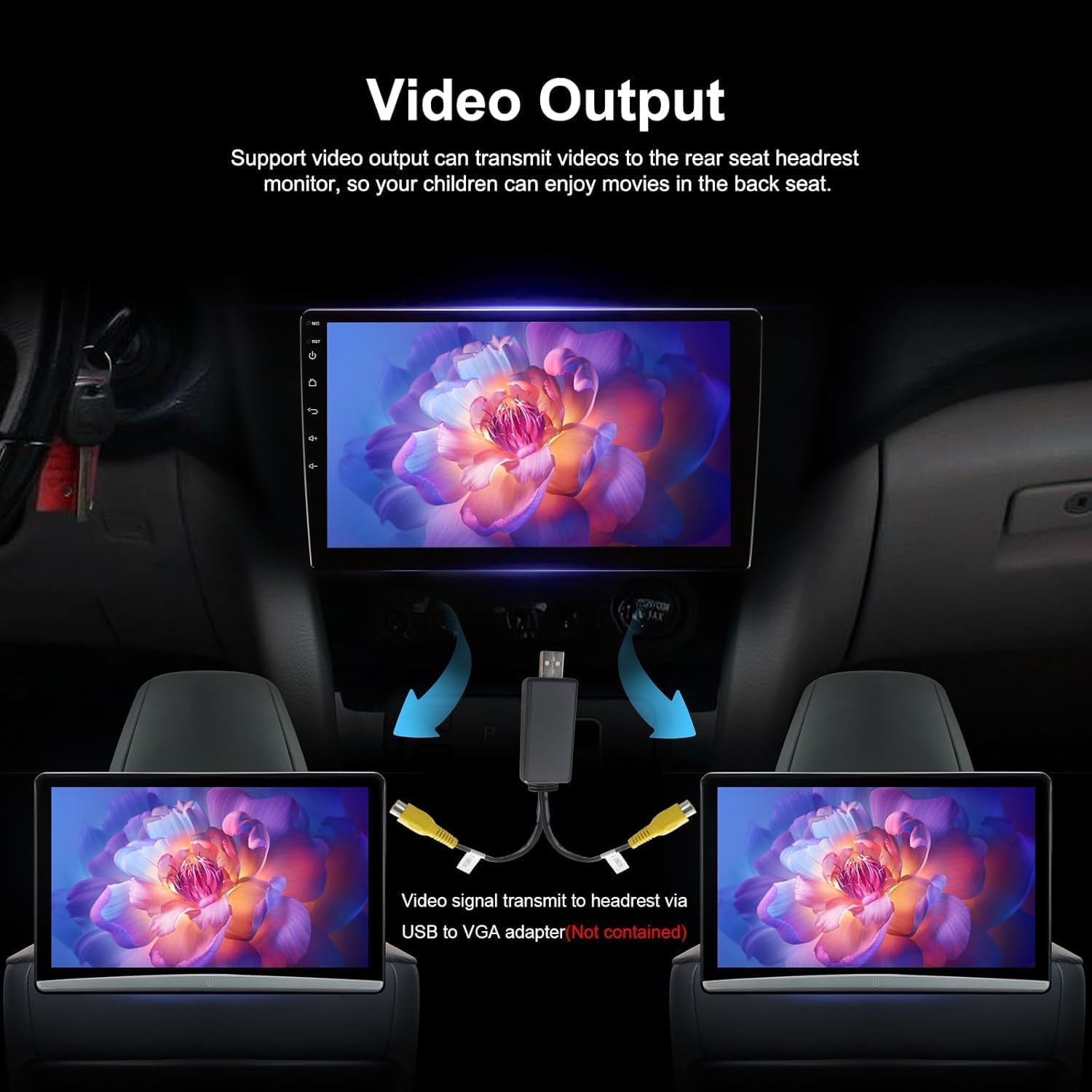 Car stereo displaying video content, with two headrest monitors connected via a USB to RCA adapter, also displaying the same video content.