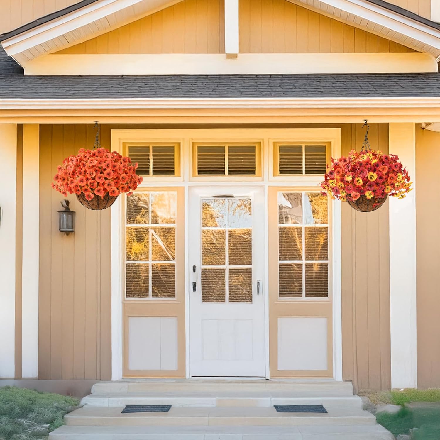 Artificial Fall Flowers for Outdoor, 12 Bundles Faux Pansy Fake Mums Flowers Plants Outdoor Fall Decor, UV Resistant No Fade Silk Flower for Porch Planter Patio Yard Garden(Orange Autumn Sunset Red) - Image 5