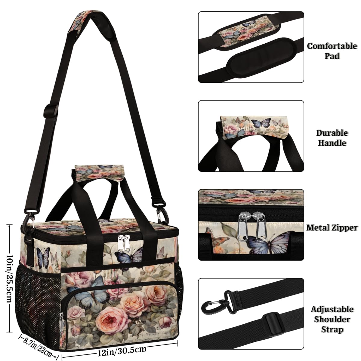 Floral Insulated Picnic Backpack Lunch Box for Women Men Picnic Basket Tote Lunch Bag Picnic Bag Portable Lunch Bags for Picnic, Beach, Work, Trip,Office, Camp Retro Flowers