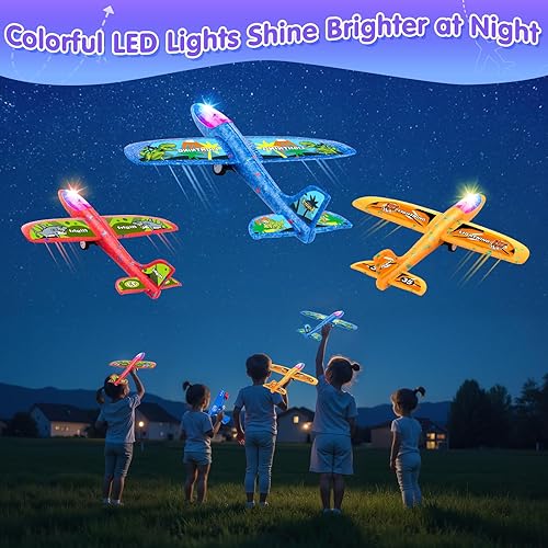 Miniatura 7 de Bigdream Paquete de 3 juguetes LED de lanzador de aviones con 1 lanzador, 2 modos de vuelo planeador catapulta avión con calcomanías, juguetes
