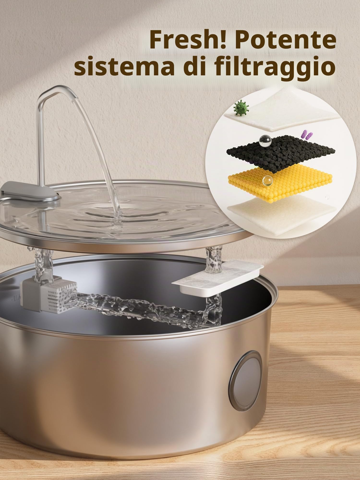 Kittyspout Fontanella per Cani/Gatti, 8L/270 oz di grandi dimensioni, Fontanella per Cani in Acciaio inox con ampia finestra di visualizzazione, Super Silenzioso con Visibile Argento