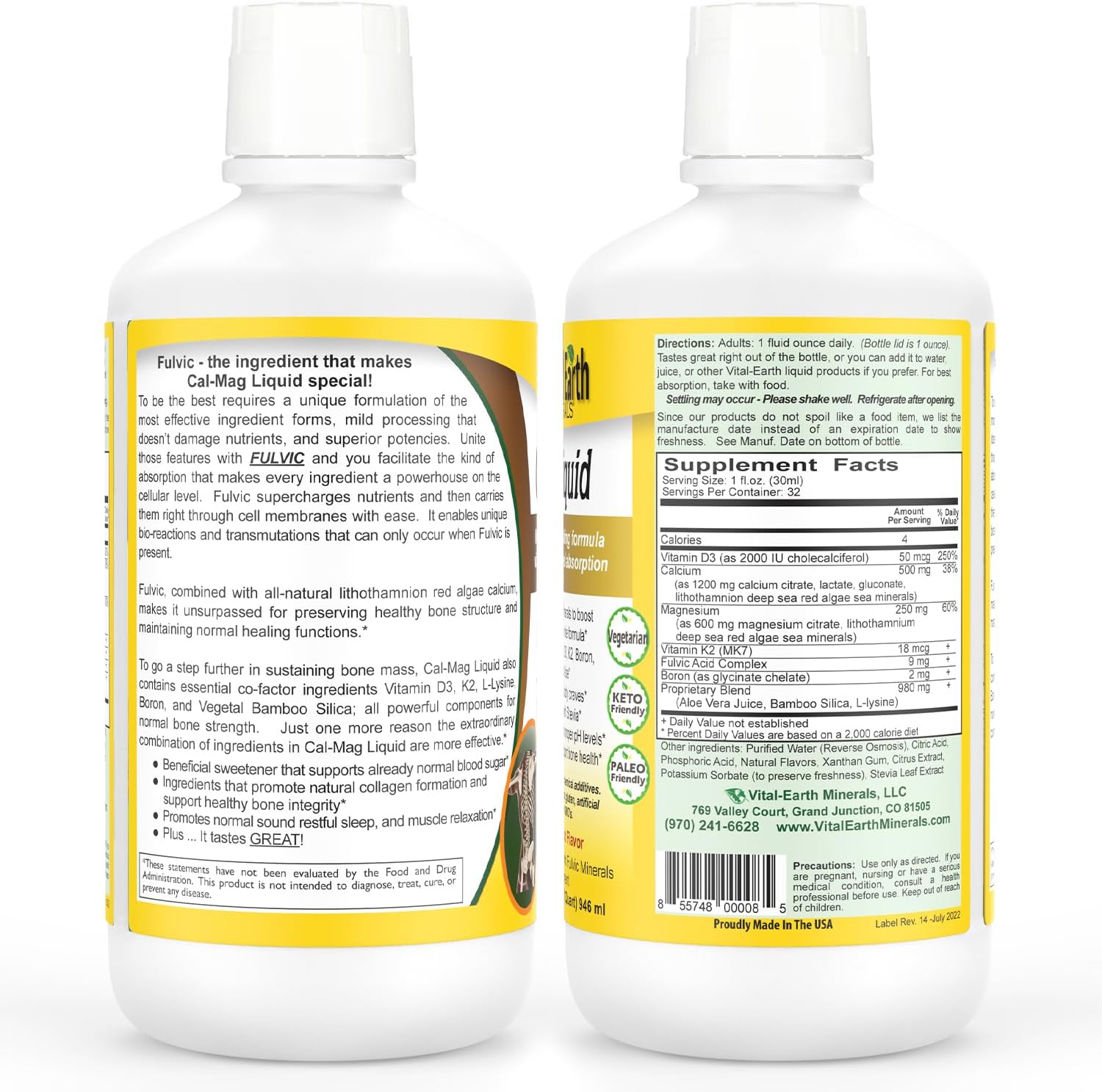 Vital Earth Minerals Bone & Wellness Support – Cal Mag Liquid + Super Multi, Liquid Multivitamins, MTHFR Support, 32 Oz Ea