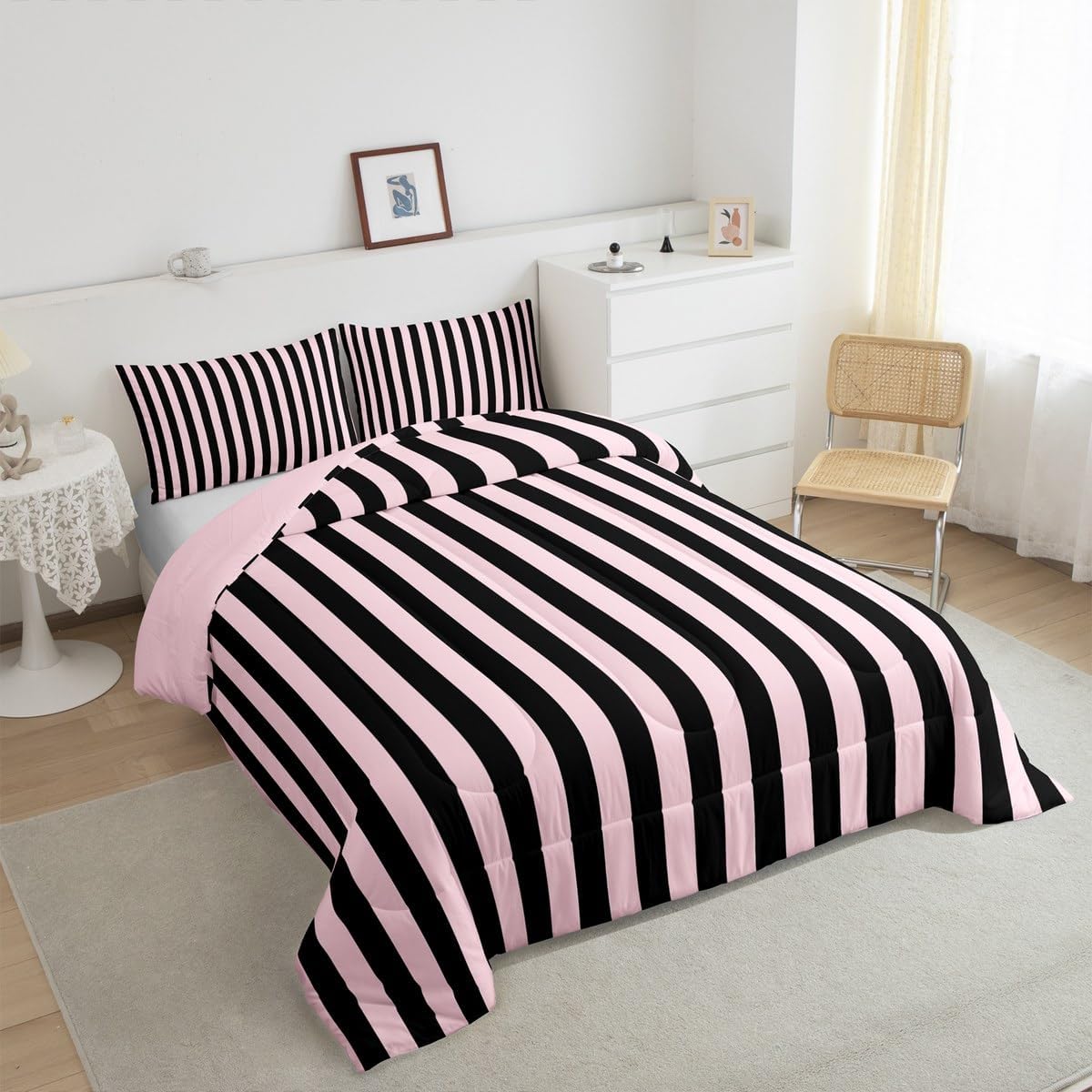 jejeloiu Pink Black Duvet Quilt Stripes Geometric Bedding Set for Kids Boys Girls Teens Room Decor Modern Comforter Set Queen Size Luxury 3Pcs Breathable Soft Lightweight Microfiber