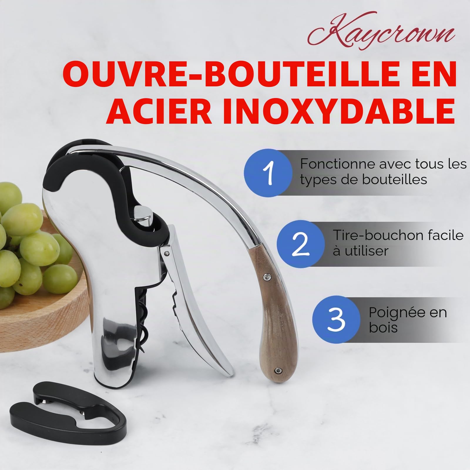 KAYCROWN Tire-bouchon à levier vertical en acier inoxydable avec poignée en bois