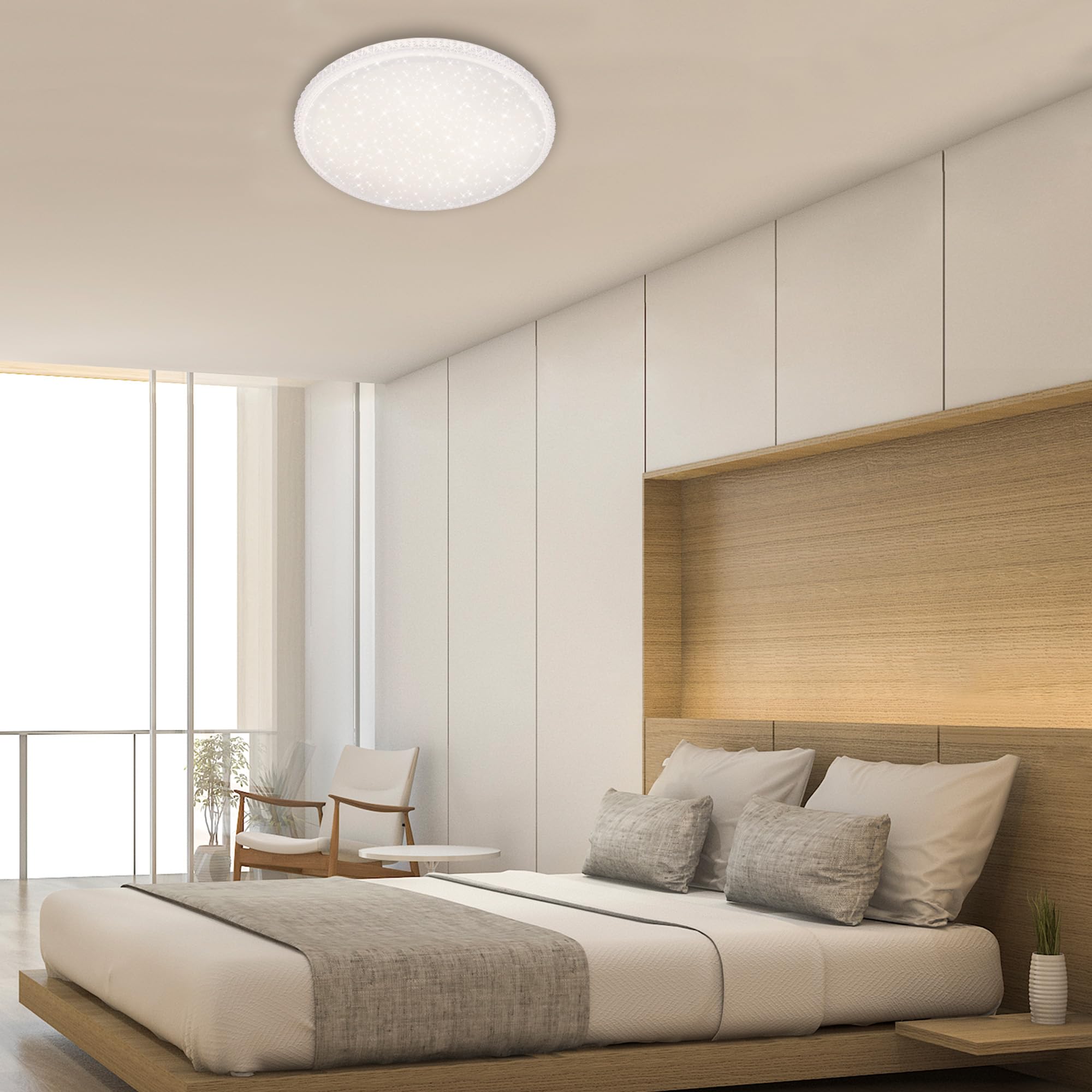 BRILONER Leuchten 3386-016 Plafoniera a LED effetto stellato e cristalli trasparenti, lampada da soffitto con funzione dimmer, telecomando, funzione luce notturna, timer e memoria, bianco, Ø 59,5 cm