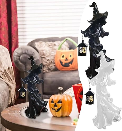 Miniatura 2 de Estatua de linterna de bruja Nueva escultura de fantasma sin rostro 2023 decoraciones de Halloween, escultura de resina de bruja, barril de galleta