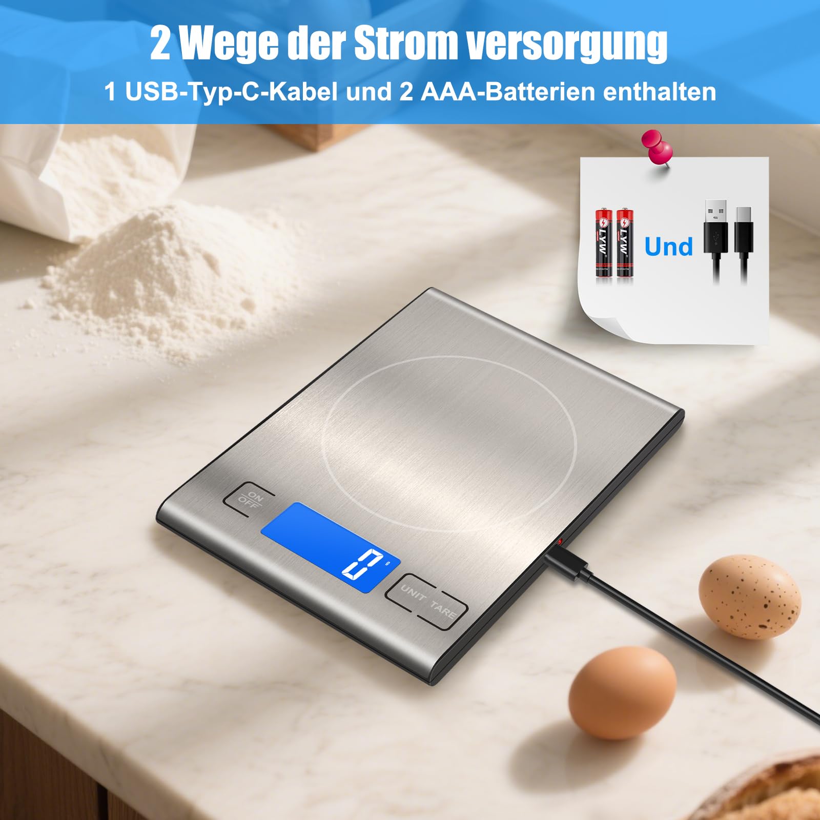 Diyife 15kg Küchenwaage Wiederaufladbar Lebensmittelwaage für Kochen Backen | 304 Edelstahl Küchenwaage Digital, Digitalwaage Briefwaage mit LED-Display &Tara Funktion, Batterien und Typ-C Aufladen