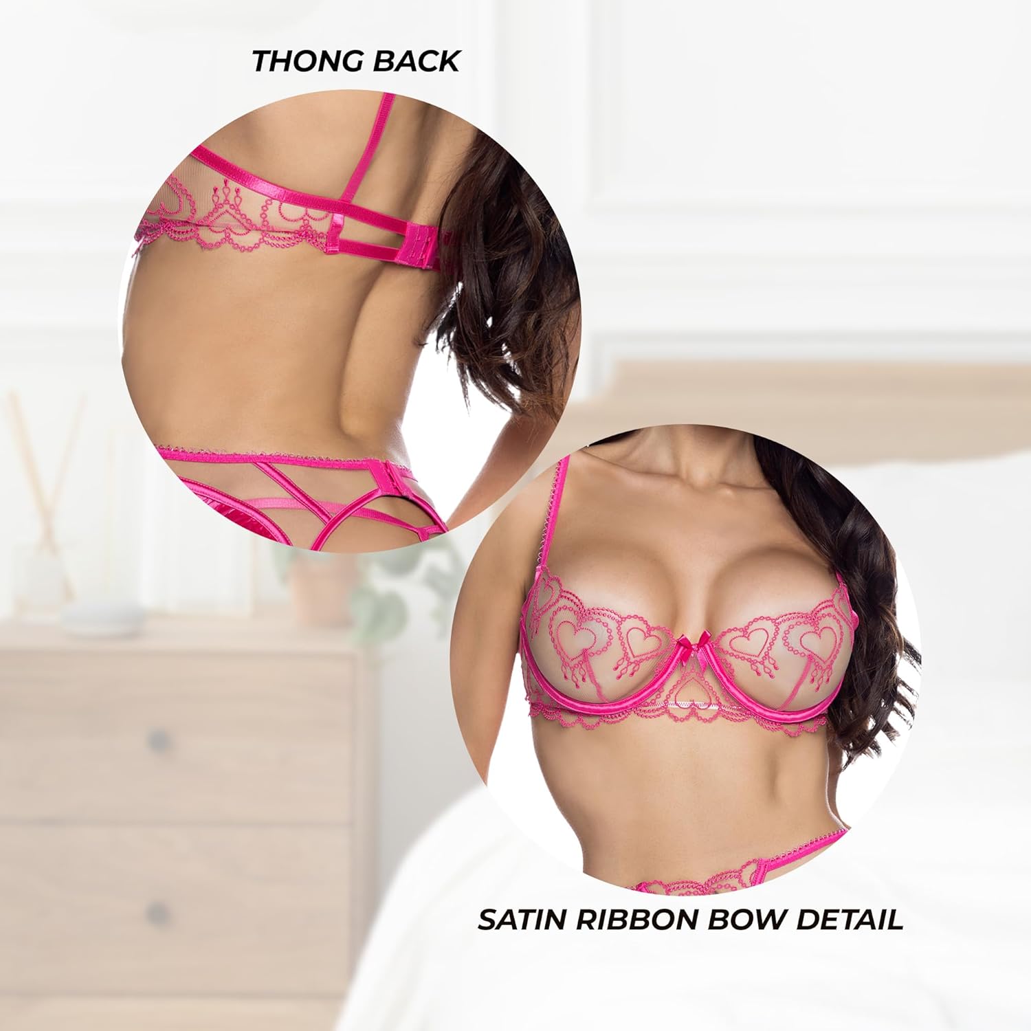 Sexy Garter Belt Lingerie Set, Roma Queen Of Heart Strappy 3 Piece Mesh & Lace Bra and Panties Lingerie Garter Set