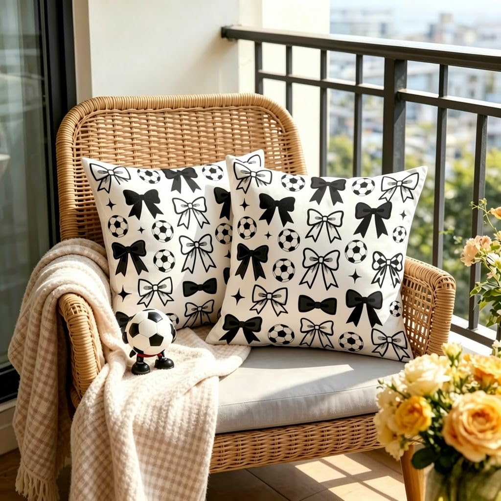 Black and White Bow Soccer Throw Pillow Cover, Linen Cushion Cover -14x14