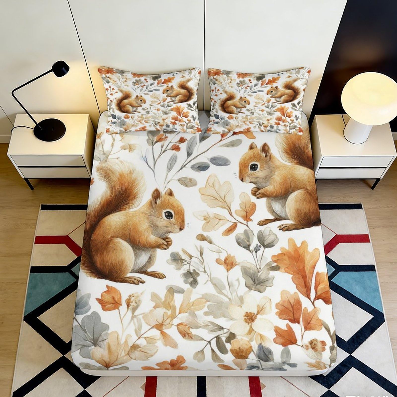 3D Printed Autumn Squirrel Fitted Sheet Microfiber Soft Breathable Floral Bed Cover for Bedroom Dormitory Guest Room Mattress Protection Decor 140x200x25cm
