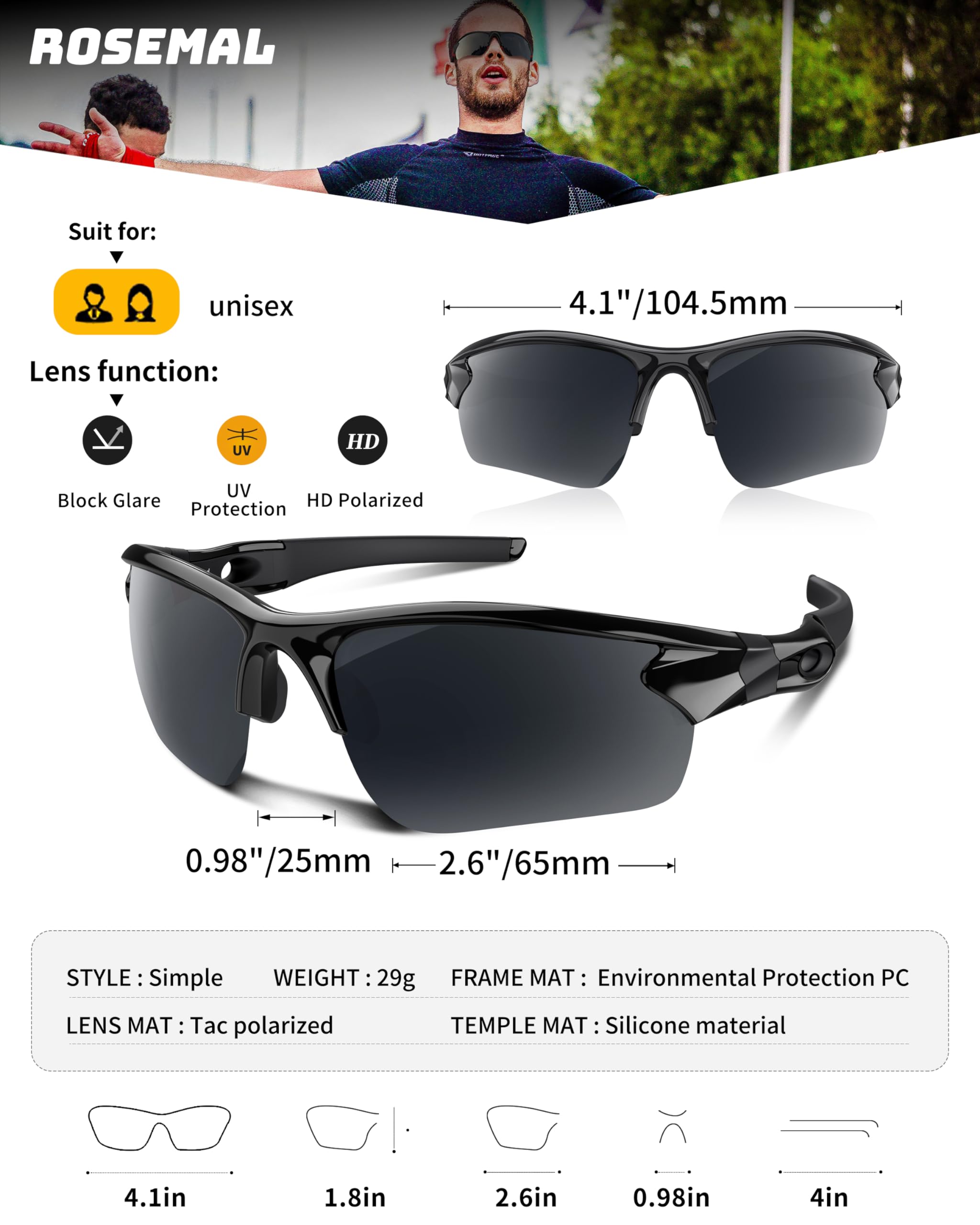 Rosemal Occhiali da sole polarizzati per uomo donna occhiali da sole da corsa sport ciclismo guida pesca baseball golf TAC UV400 TR90