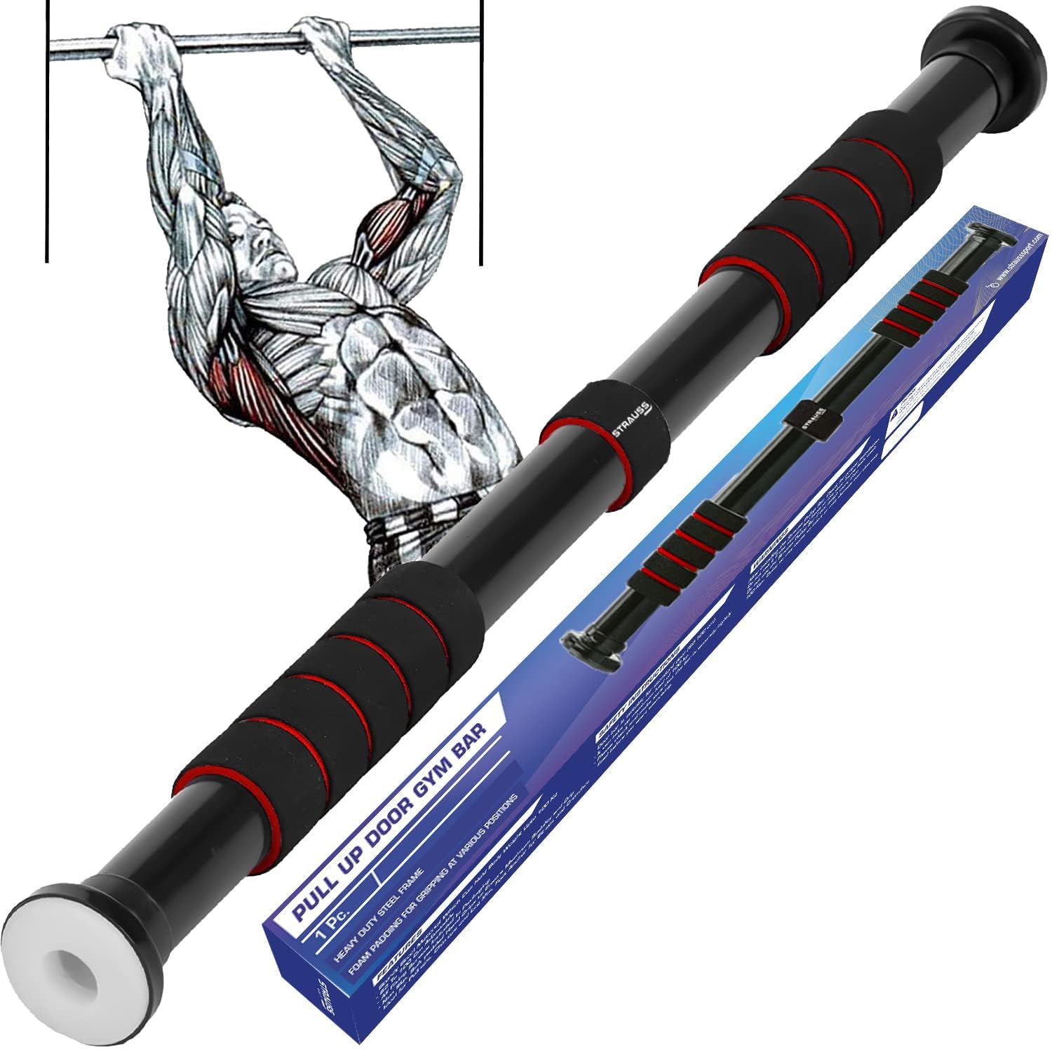 Strauss Chin Up Door Bar | Pull Up Bars for Home Workout with Palm Pad and Anti-Skid Grip | Door Way Adjustable Length Hanging Rod | Hanging Bar for Pull-ups,Push ups & Chin ups-image-21