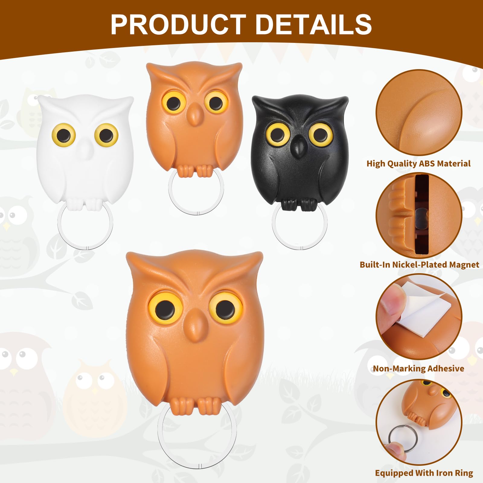 CYZBL 3Pcs Magnetic Key Holder, No-Punch Wall Key Hook Storage, Keyhook Storage Ornament Owl Key Holder - Image 4