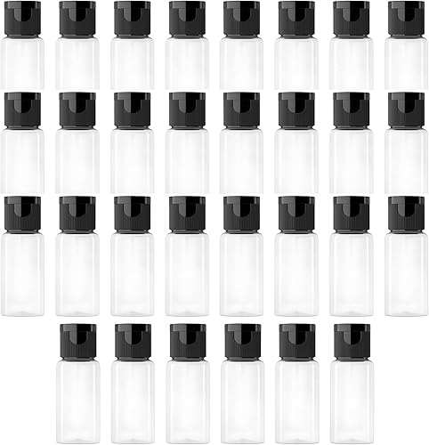 30 botellas de muestra de plástico transparente reutilizables vacías de 0.5 fl oz 0.51 oz con tapa abatible negra, frasco de viaje, recipiente para