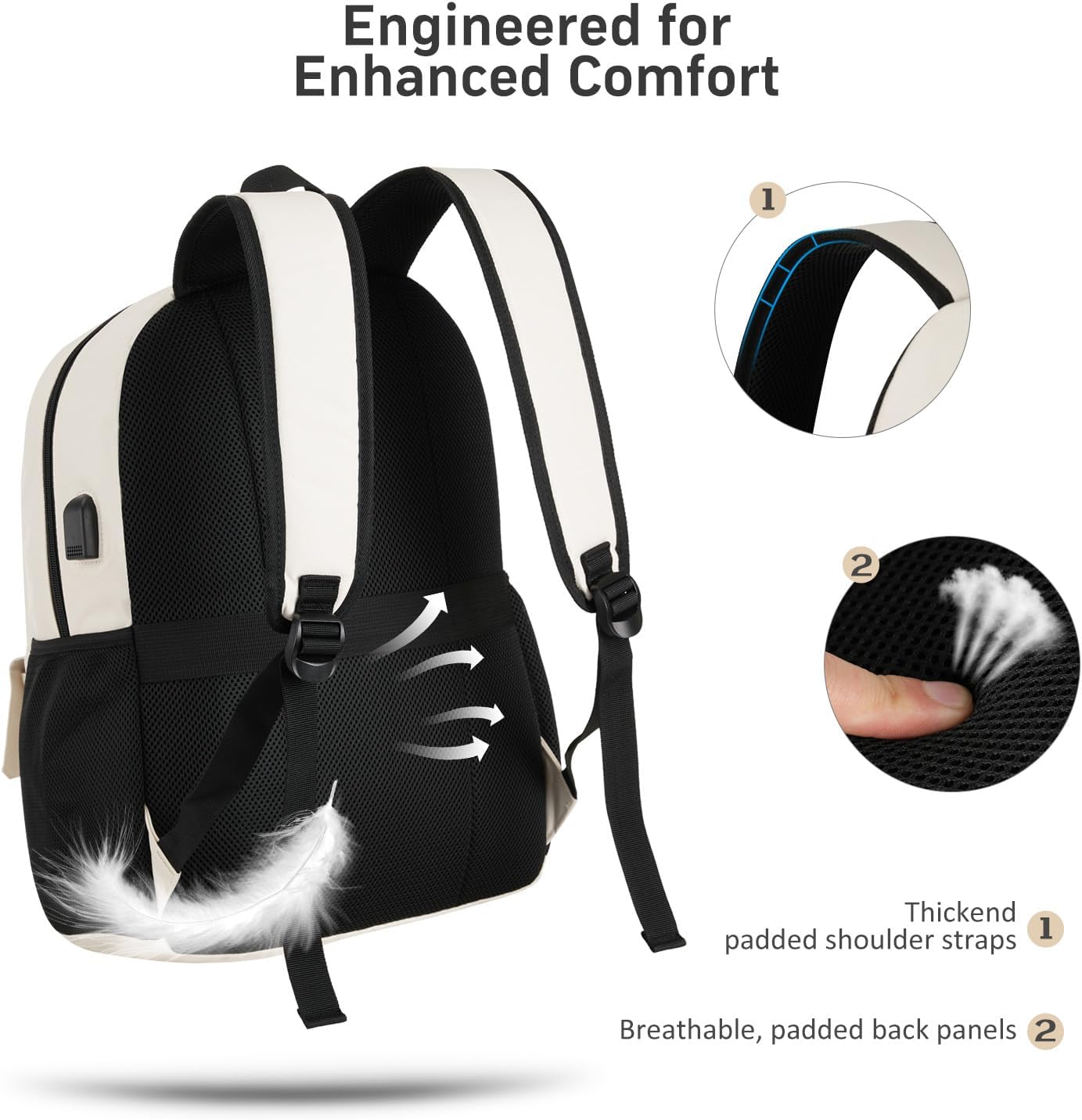 School Backpack for Women, College Bookbag Teen Girls 17.3 Inch Laptop Bacpack Cute School Bag with USB Port for Students (Beige)