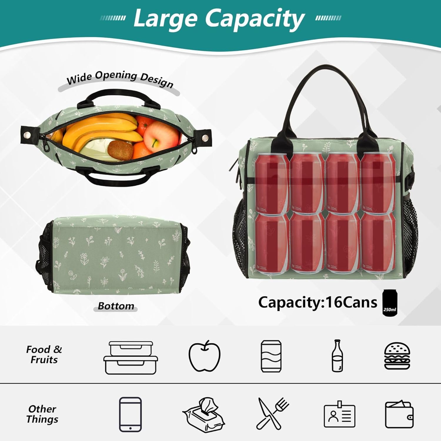 Wamika Lunch Bag For Women Men, Sage Green Leaves Flower Insulated Womens Lunch Bag For Work Lunch Box for Girls Boys Reusable Lunch Tote Bag for Picnic Travel School