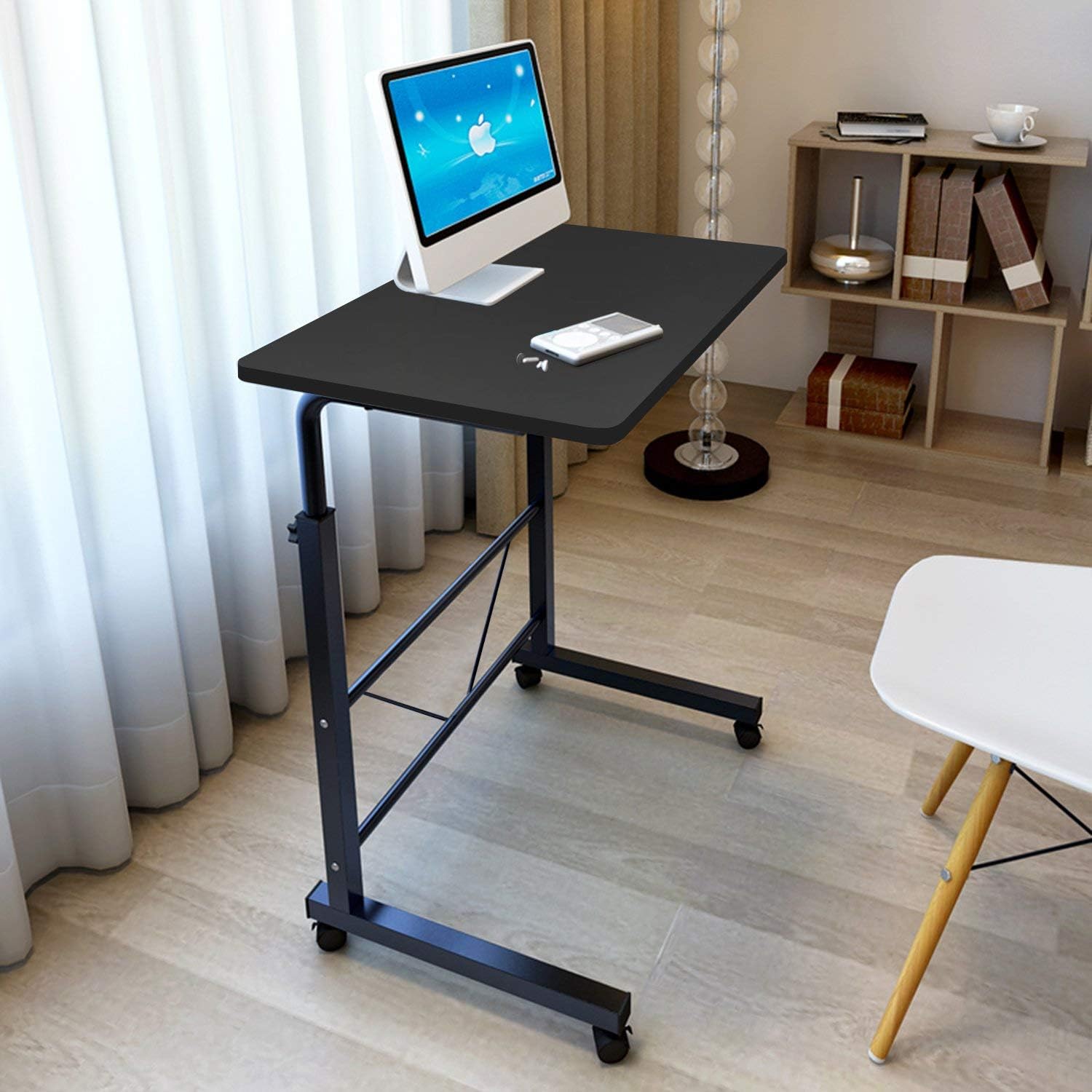 SSLine Rolling Sofa Side Snack Table Portable Laptop Computer Desk Stand with Wheels, Height Adjustable Breakfast TV Tray Bedside Coffee Table, Wood Desktop with Metal Frame (31.5" Lx15.7-18.1" W)