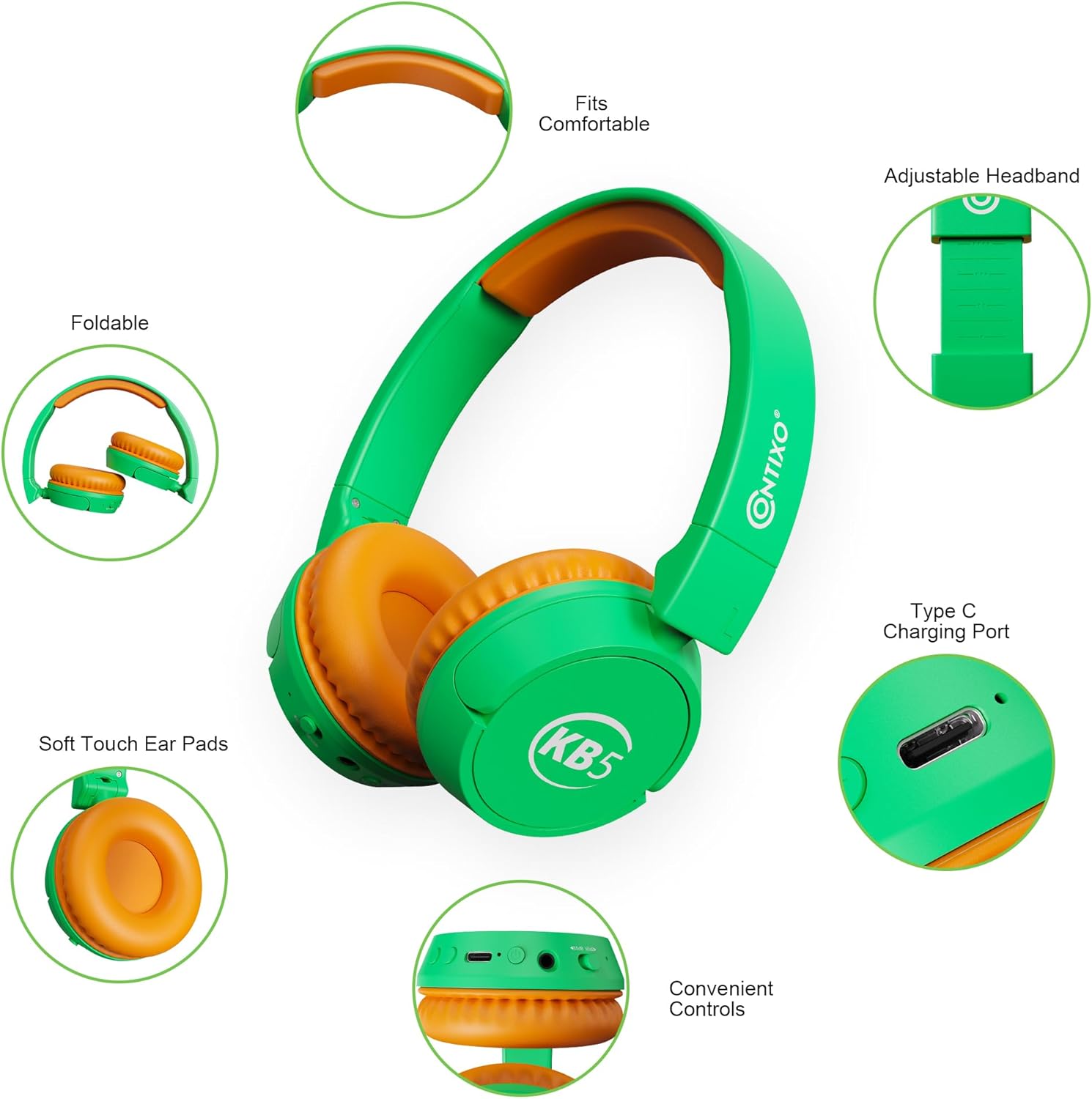Contixo KB-5 Kids Headphones - Over The Ear Foldable Bluetooth Wireless Headphone for Kids - 85dB with Volume Limited - Toddler Headphones for Boys and Girls (Green+Orange)